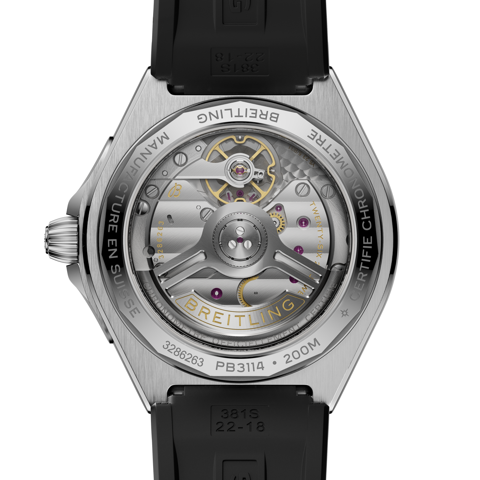 Silver-tone watch with black rubber strap displaying exposed automatic movement through transparent caseback with gold accent
