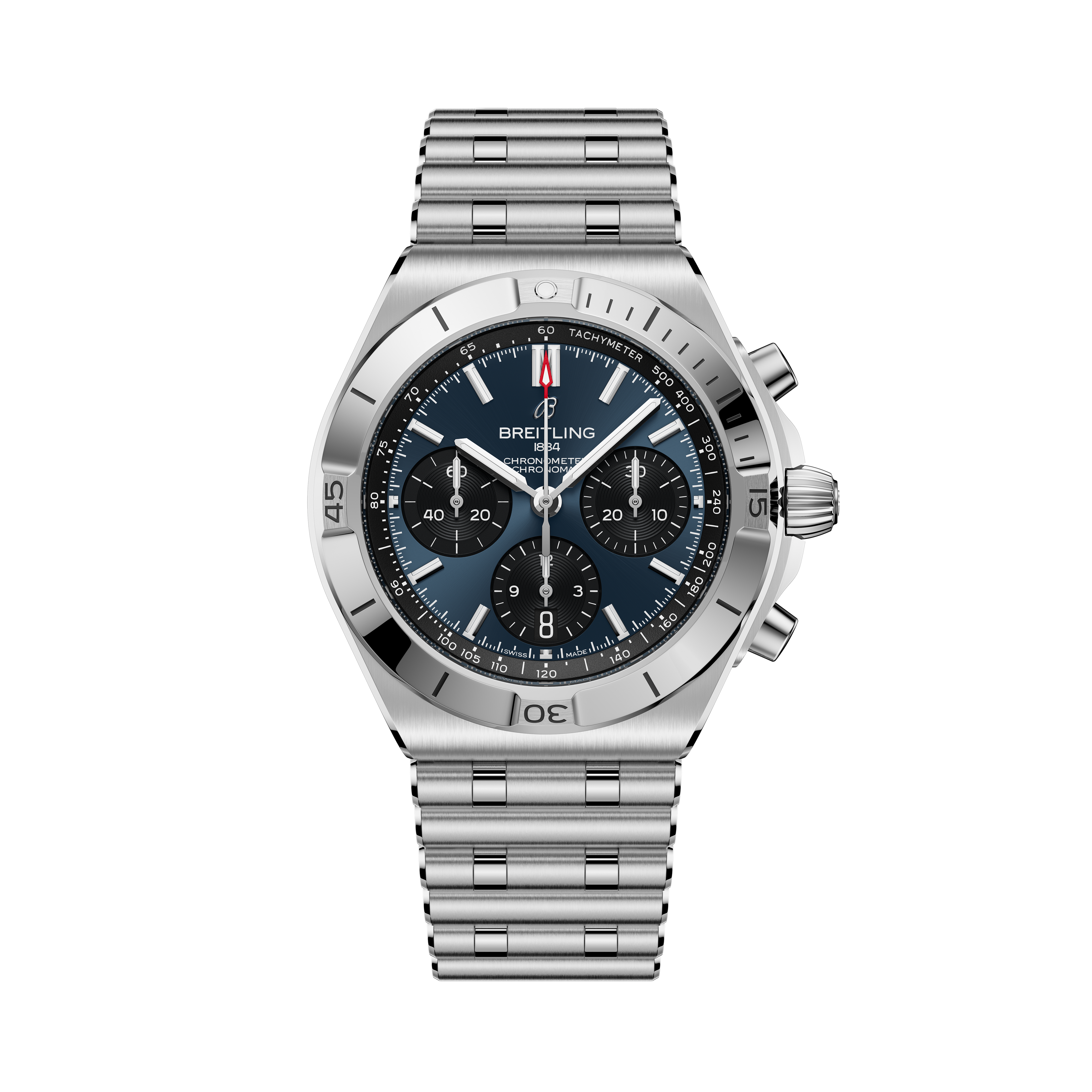 Breitling Chronomat B01 42 stainless steel chronograph watch with dark blue dial and metal bracelet.