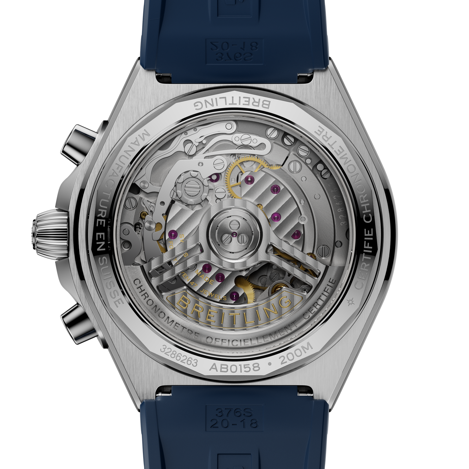 Stainless steel watch with visible mechanical movement, purple jewels, gold accents, and blue rubber strap shown from case ba