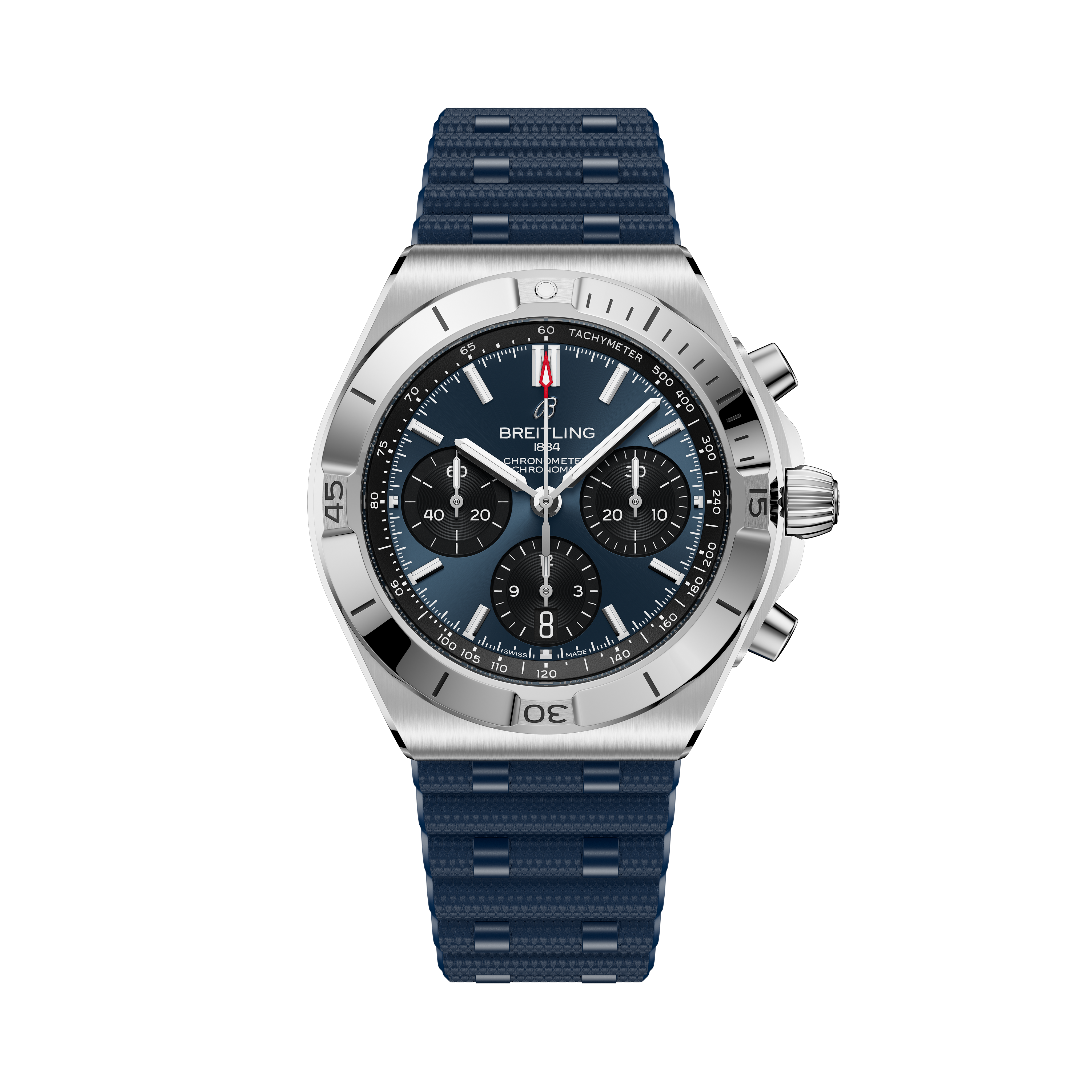 Breitling Chronomat B01 42 stainless steel chronograph watch with black dial and blue rubber strap.