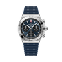 Breitling Chronomat B01 42 stainless steel chronograph watch with black dial and blue rubber strap.