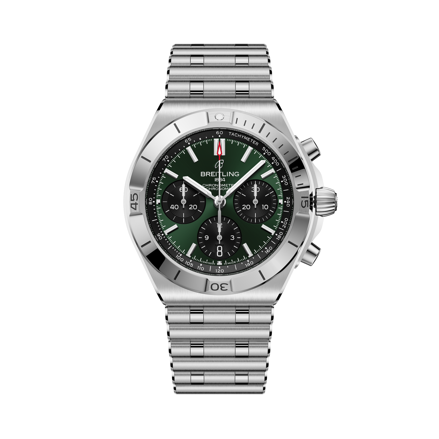 Stainless steel chronograph watch with dark green dial, tachymeter bezel, and matching metal bracelet.