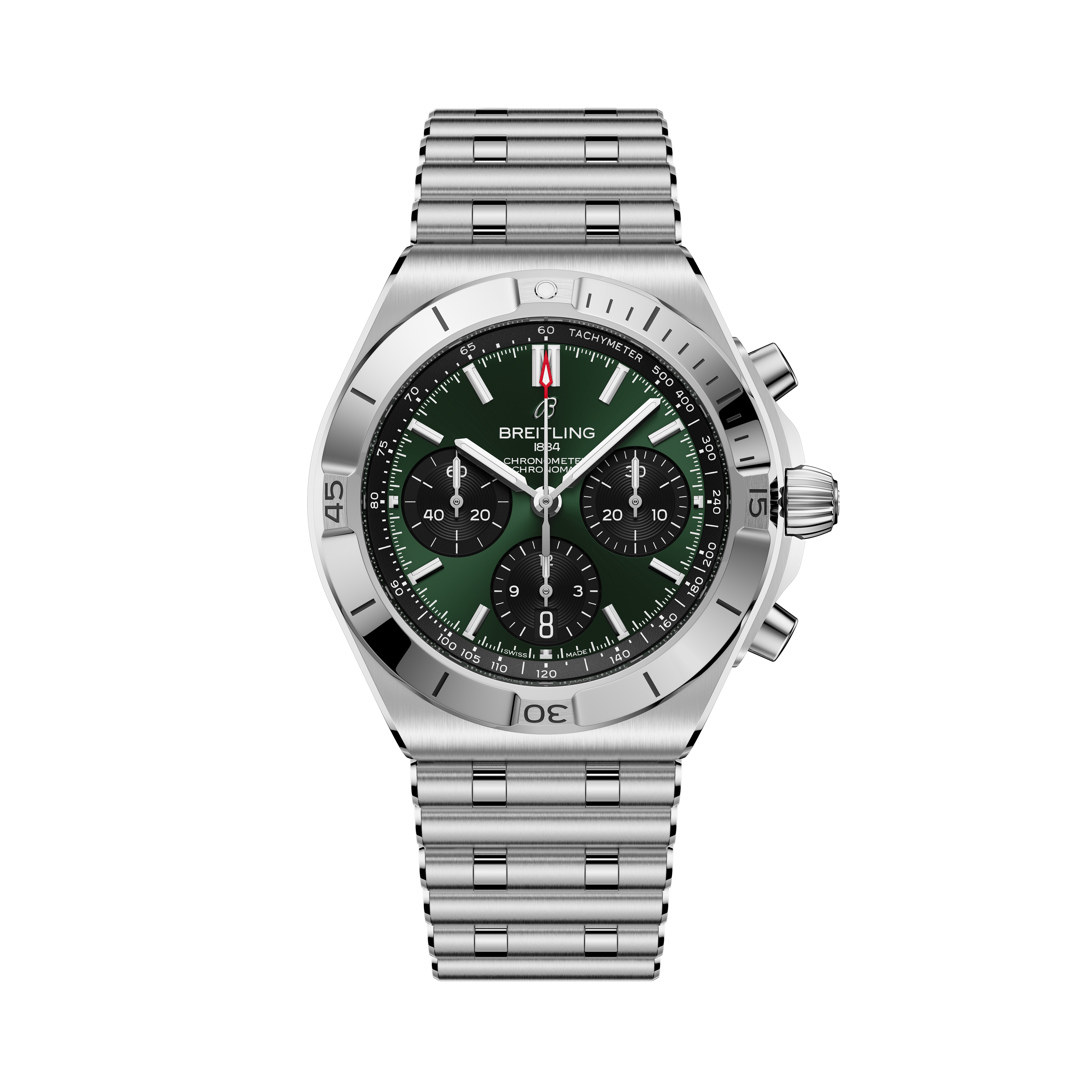 Stainless steel chronograph watch with dark green dial, tachymeter bezel, and matching metal bracelet.