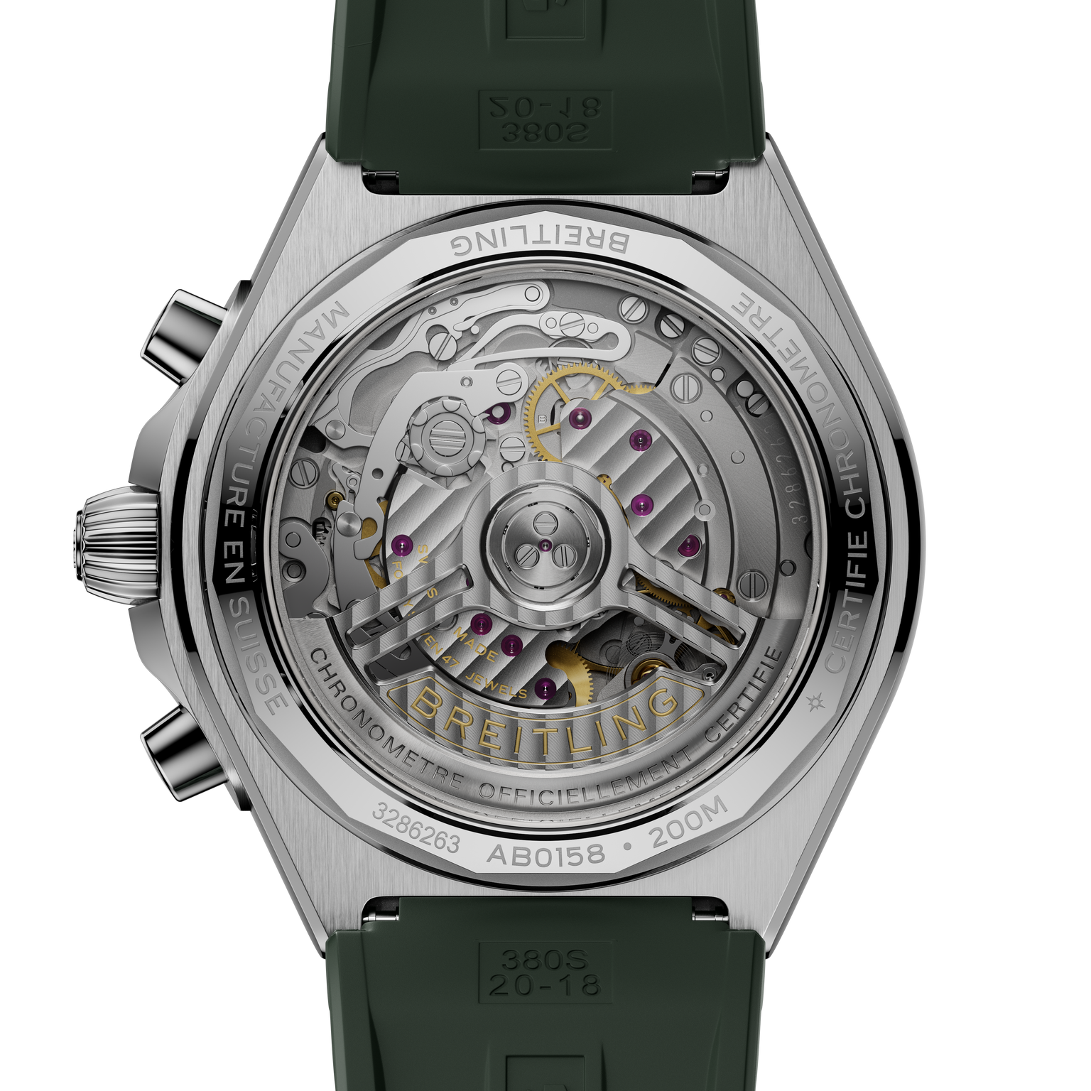 Stainless steel watch with visible mechanical movement through transparent caseback, green rubber strap, and chronograph push