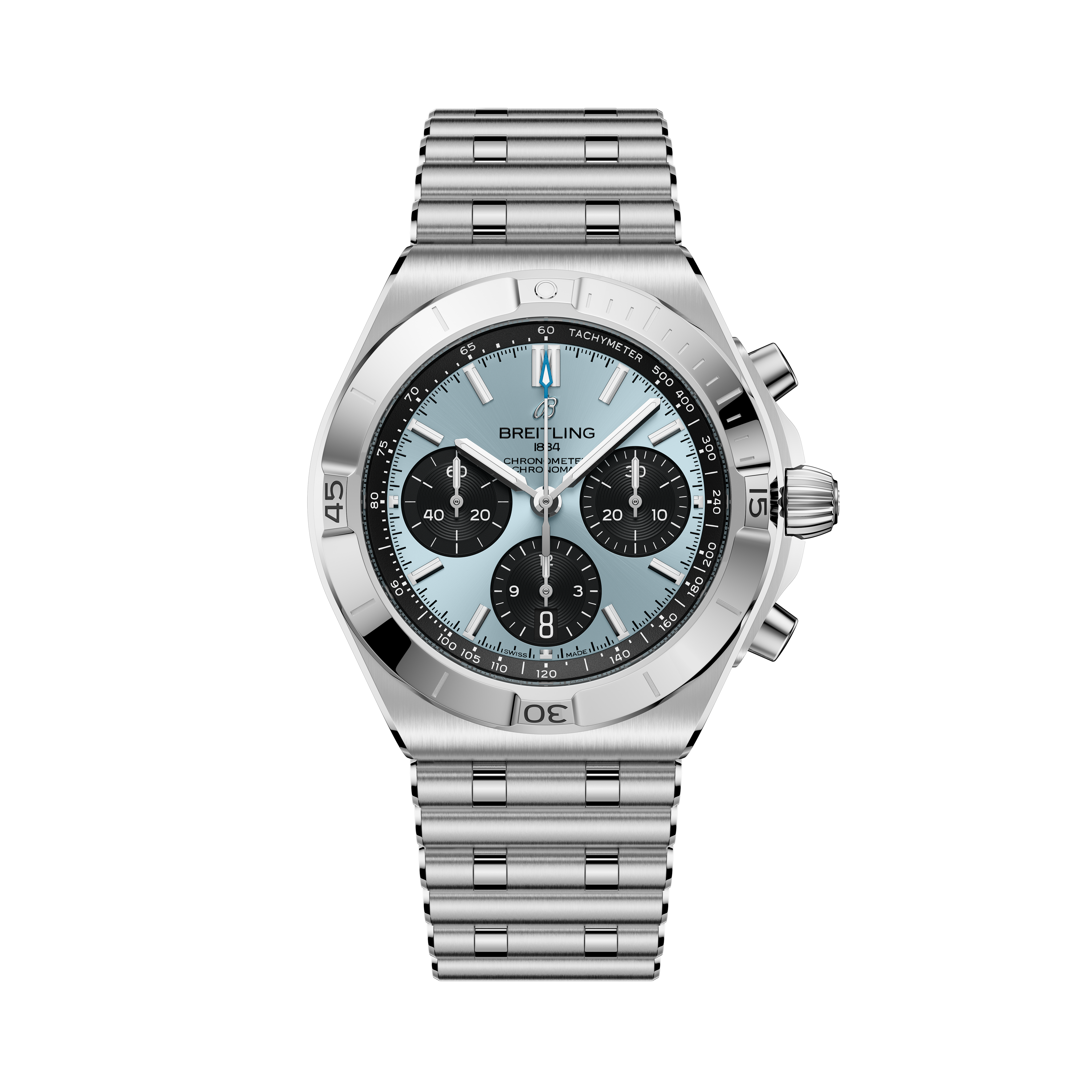Breitling Chronomat B01 42 with stainless steel case, light blue dial, three black subdials, tachymeter bezel, and matching s
