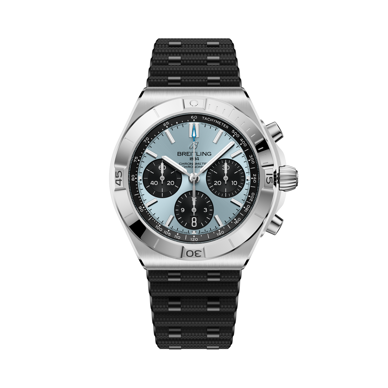 Stainless steel chronograph watch with light blue dial, three black subdials, tachymeter bezel, and black rubber strap.