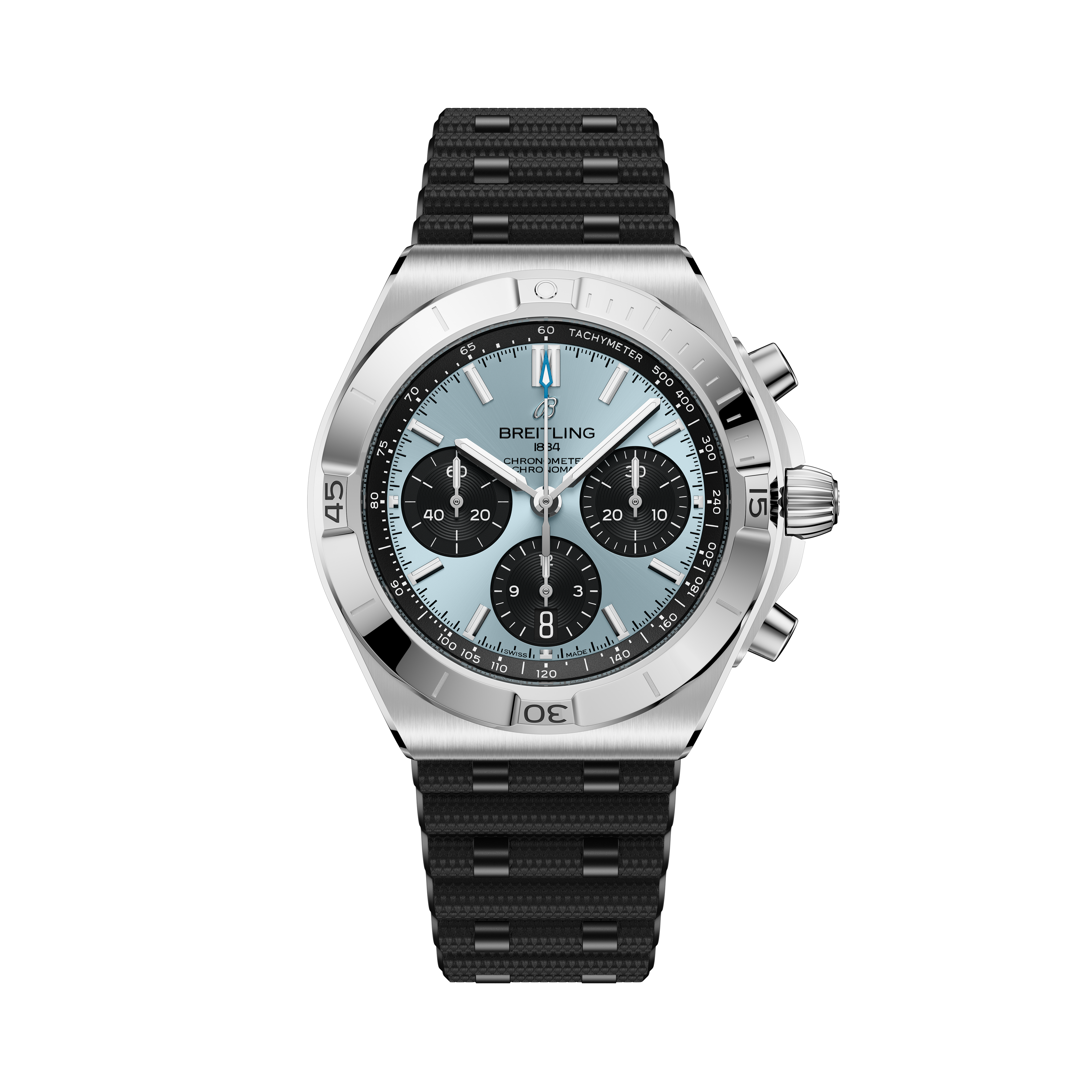Stainless steel chronograph watch with light blue dial, three black subdials, tachymeter bezel, and black rubber strap.