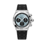 Stainless steel chronograph watch with light blue dial, three black subdials, tachymeter bezel, and black rubber strap.