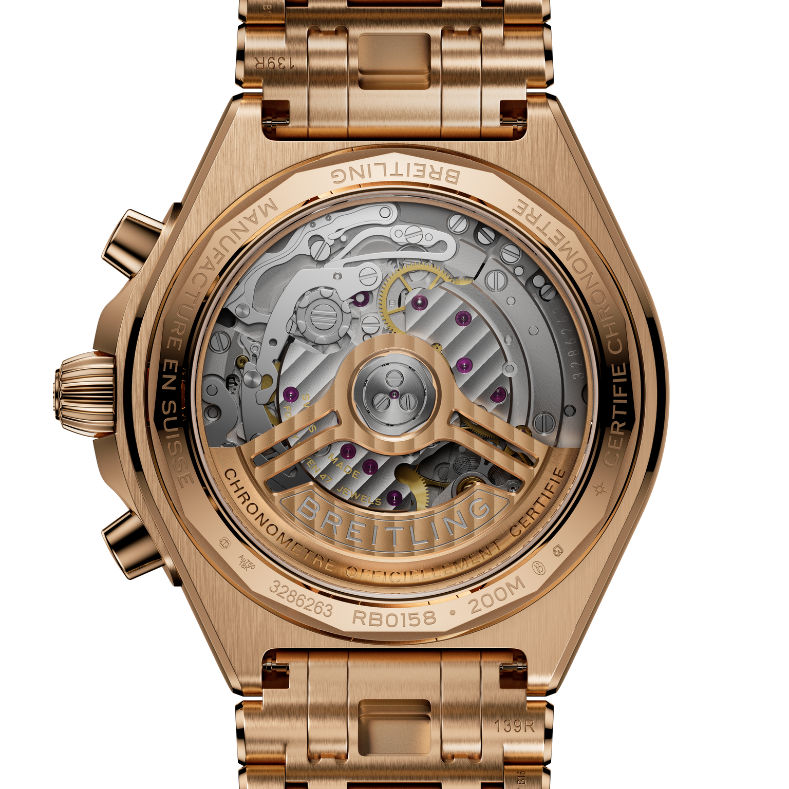 Gold-tone chronograph watch with visible mechanical movement through transparent case back and matching bracelet.