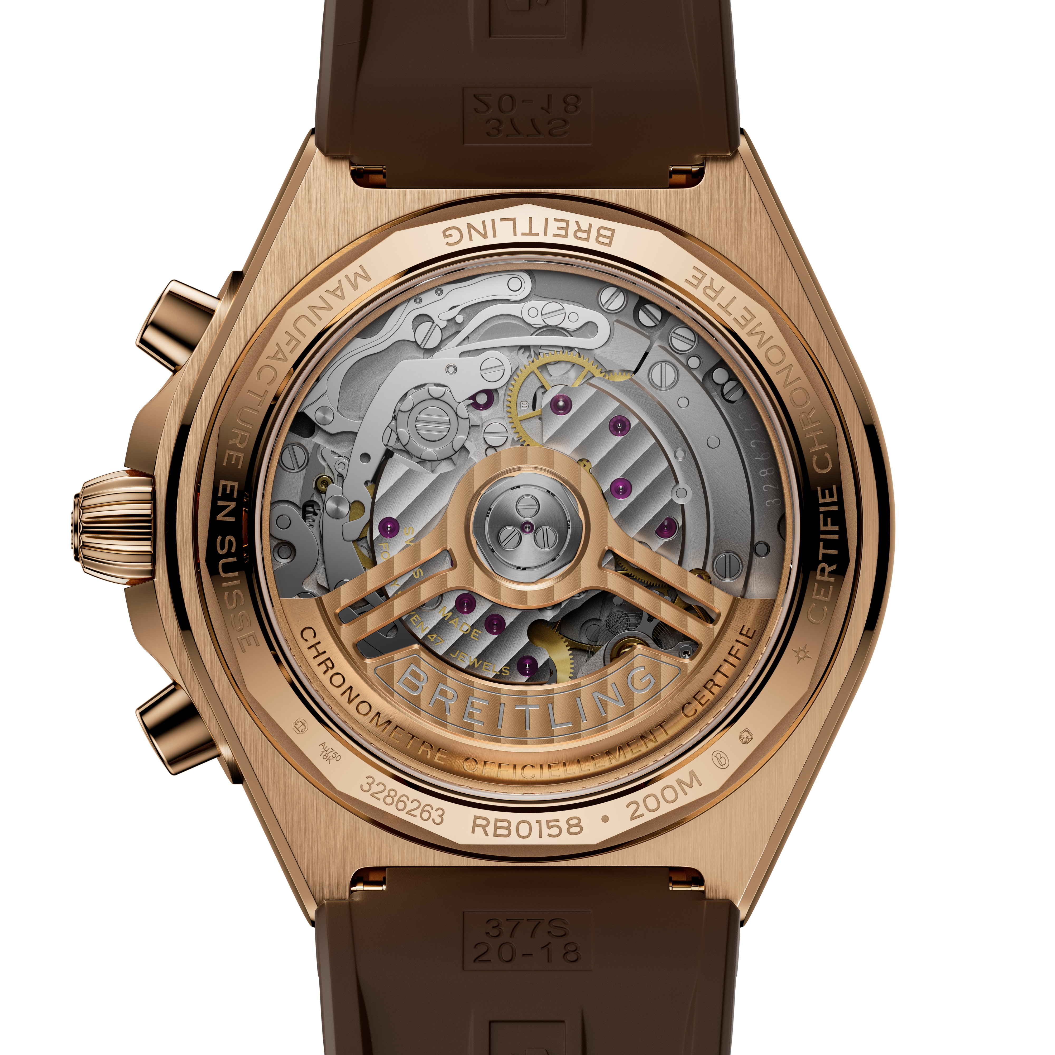 Rose gold watch with brown rubber strap and exposed mechanical movement visible through transparent case back.