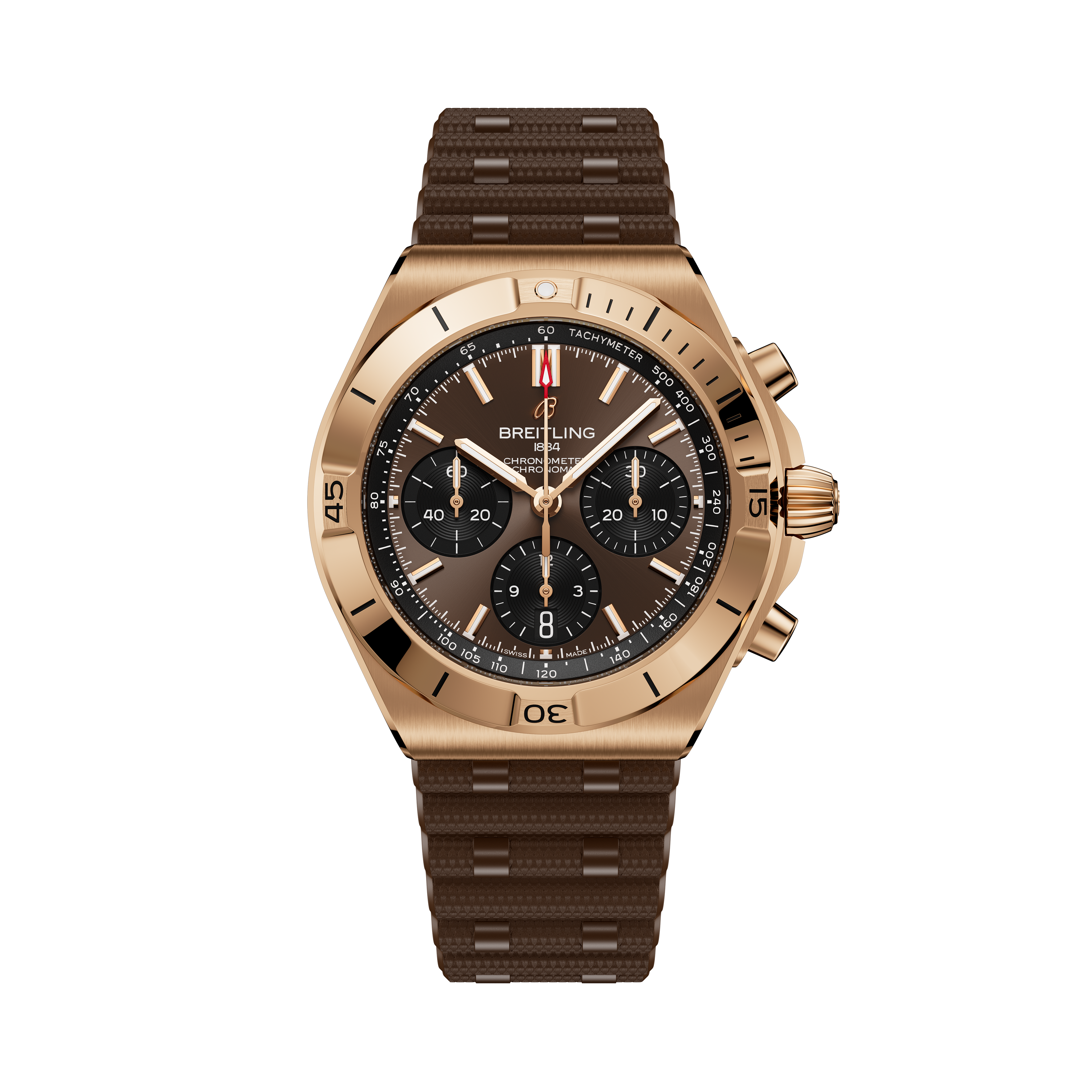 Rose gold chronograph watch with black dial, tachymeter bezel, and brown rubber strap.