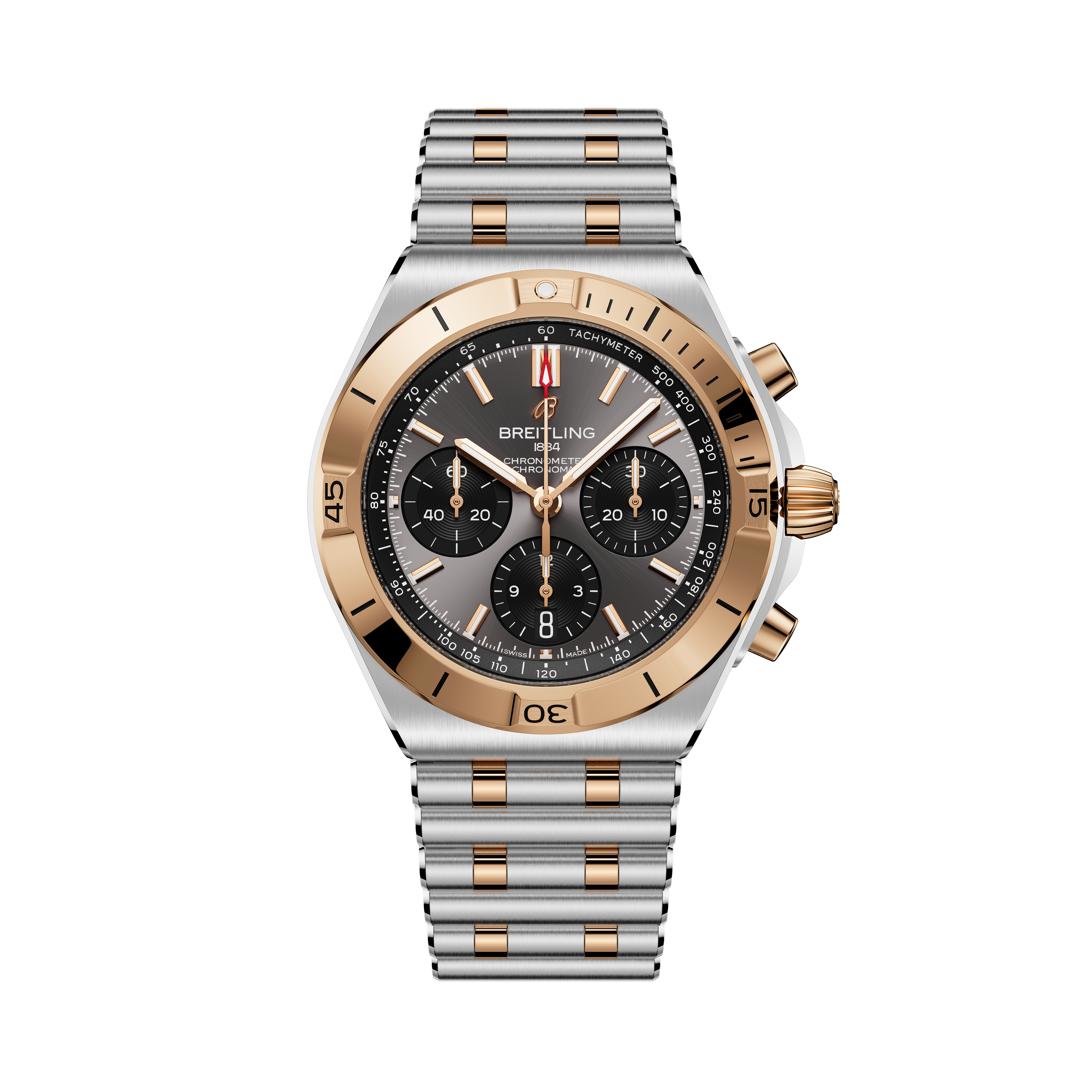 Breitling Chronomat B01 42 with two-tone steel and rose gold case, black dial, and matching bracelet.