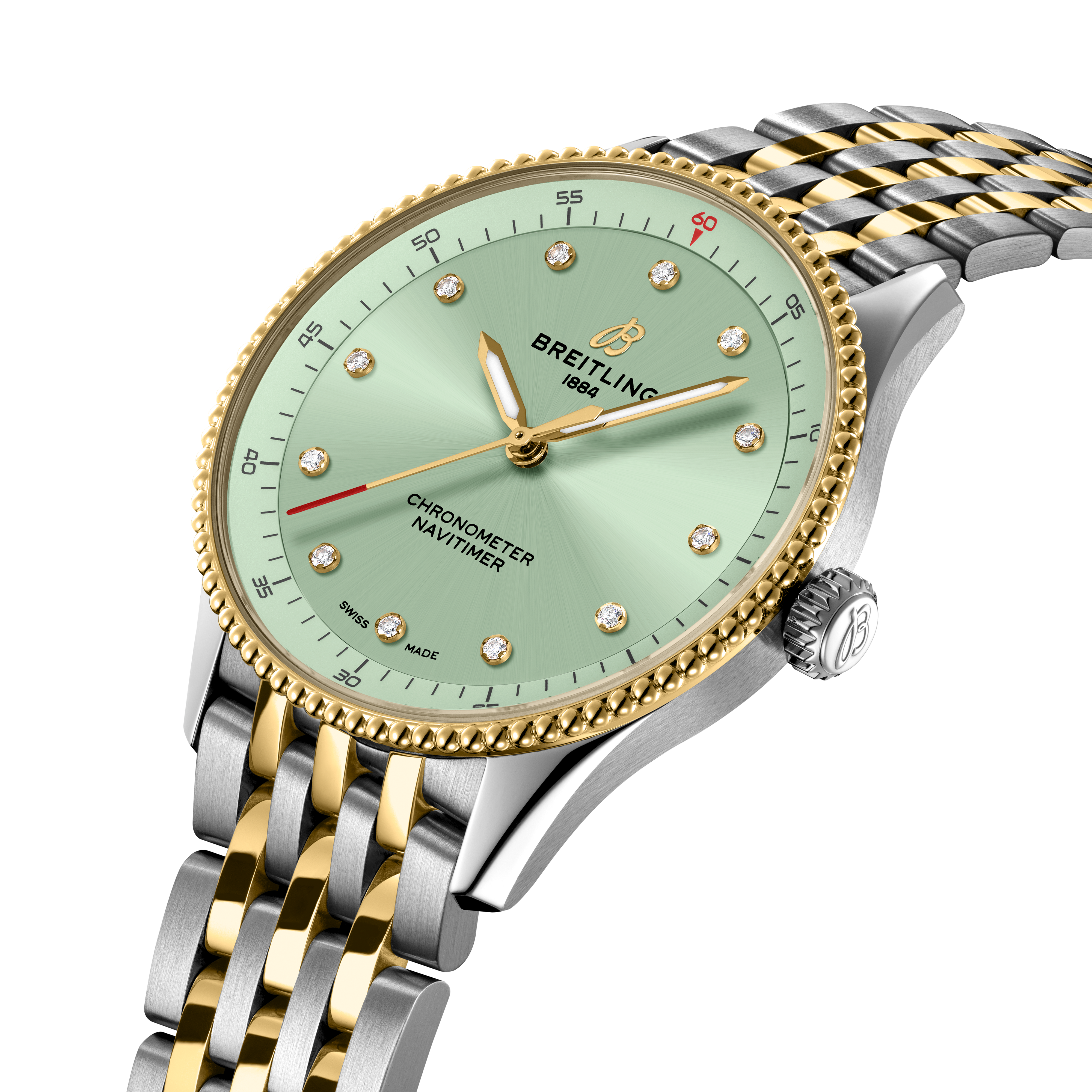 Breitling Navitimer 32mm watch with mint green dial, diamond hour markers, yellow gold and stainless steel two-tone bracelet.