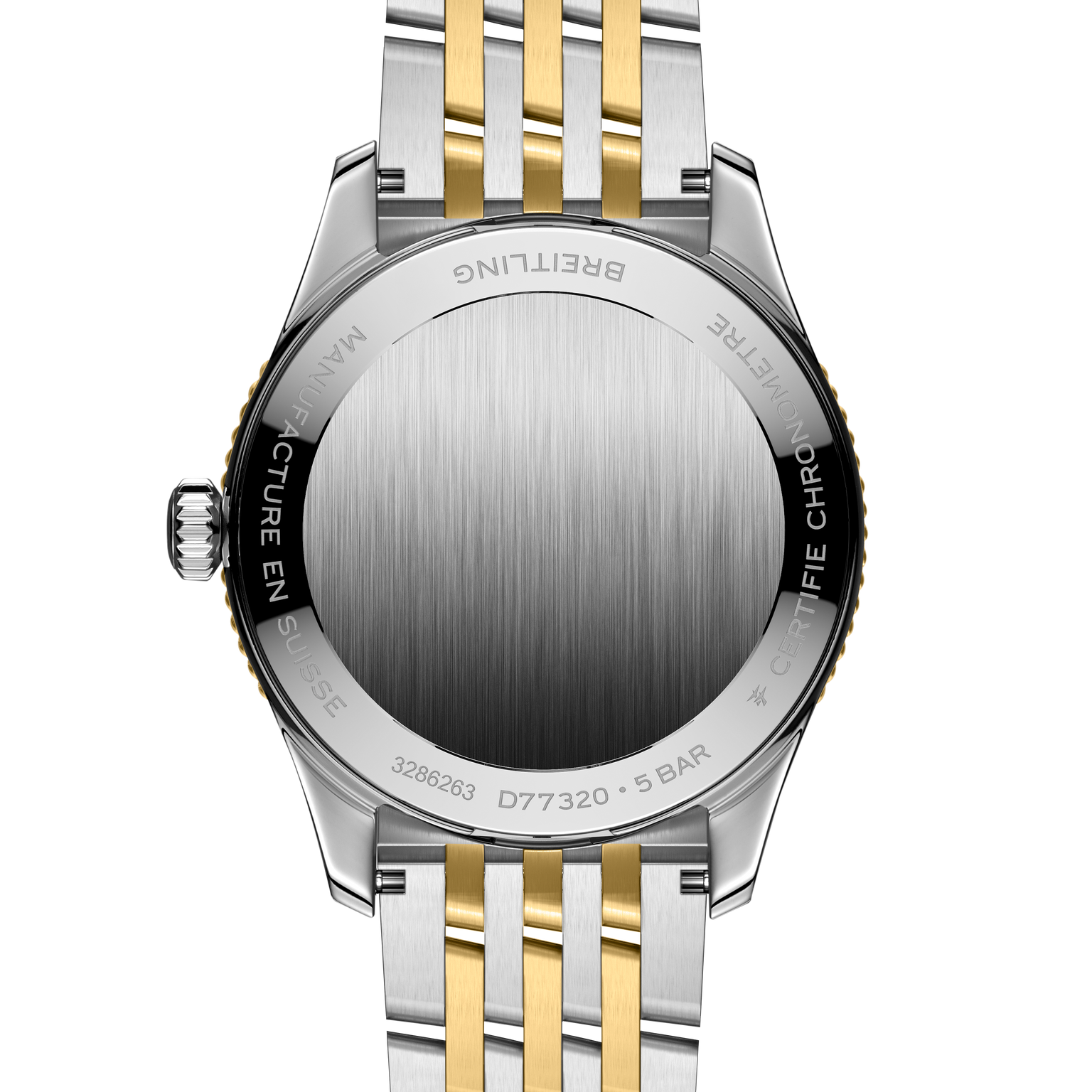 Navitimer watch with brushed silver dial, stainless steel and yellow gold two-tone bracelet, viewed from back.