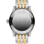 Navitimer watch with brushed silver dial, stainless steel and yellow gold two-tone bracelet, viewed from back.