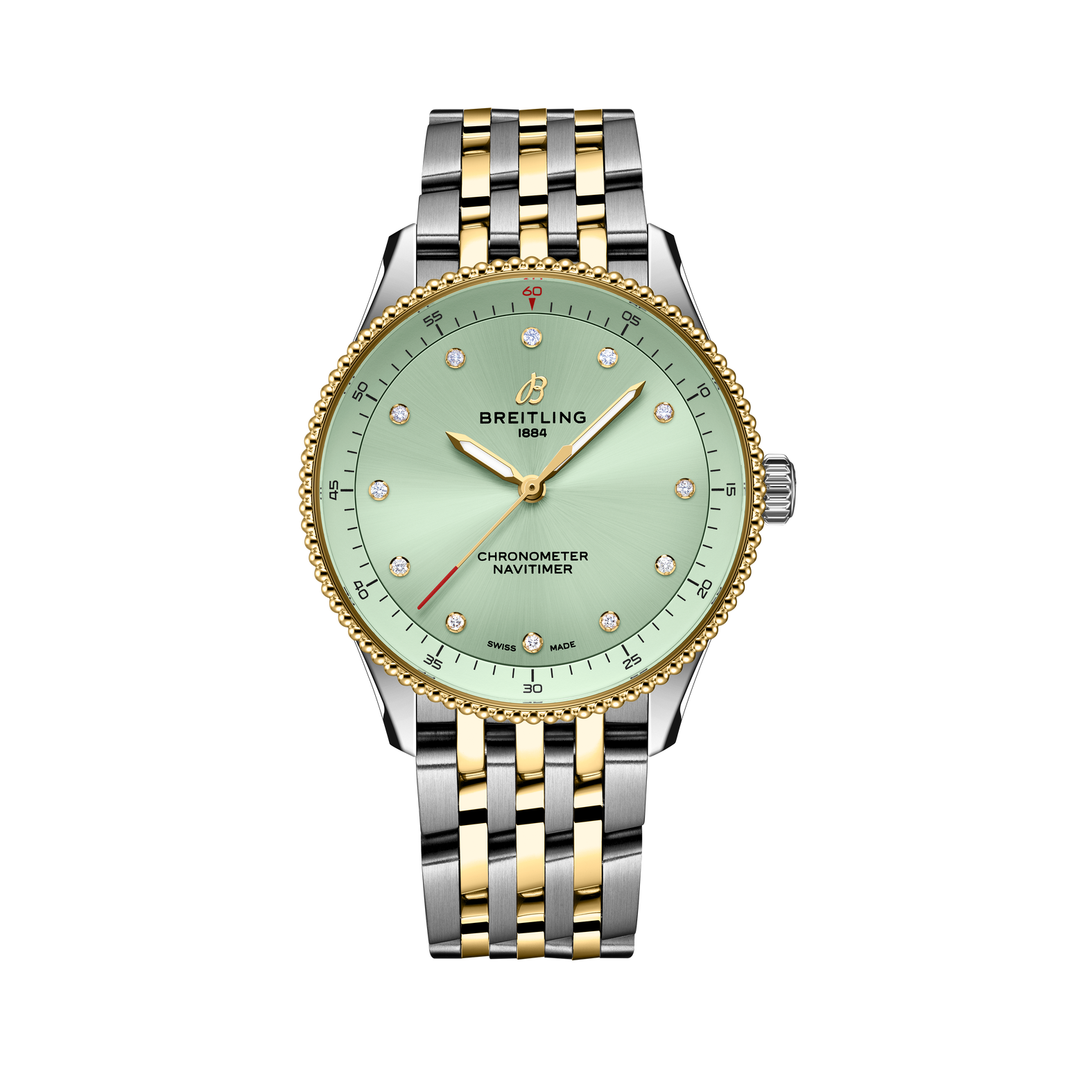 Breitling Navitimer ladies watch with mint green dial, diamond hour markers, two-tone stainless steel and yellow gold bracele