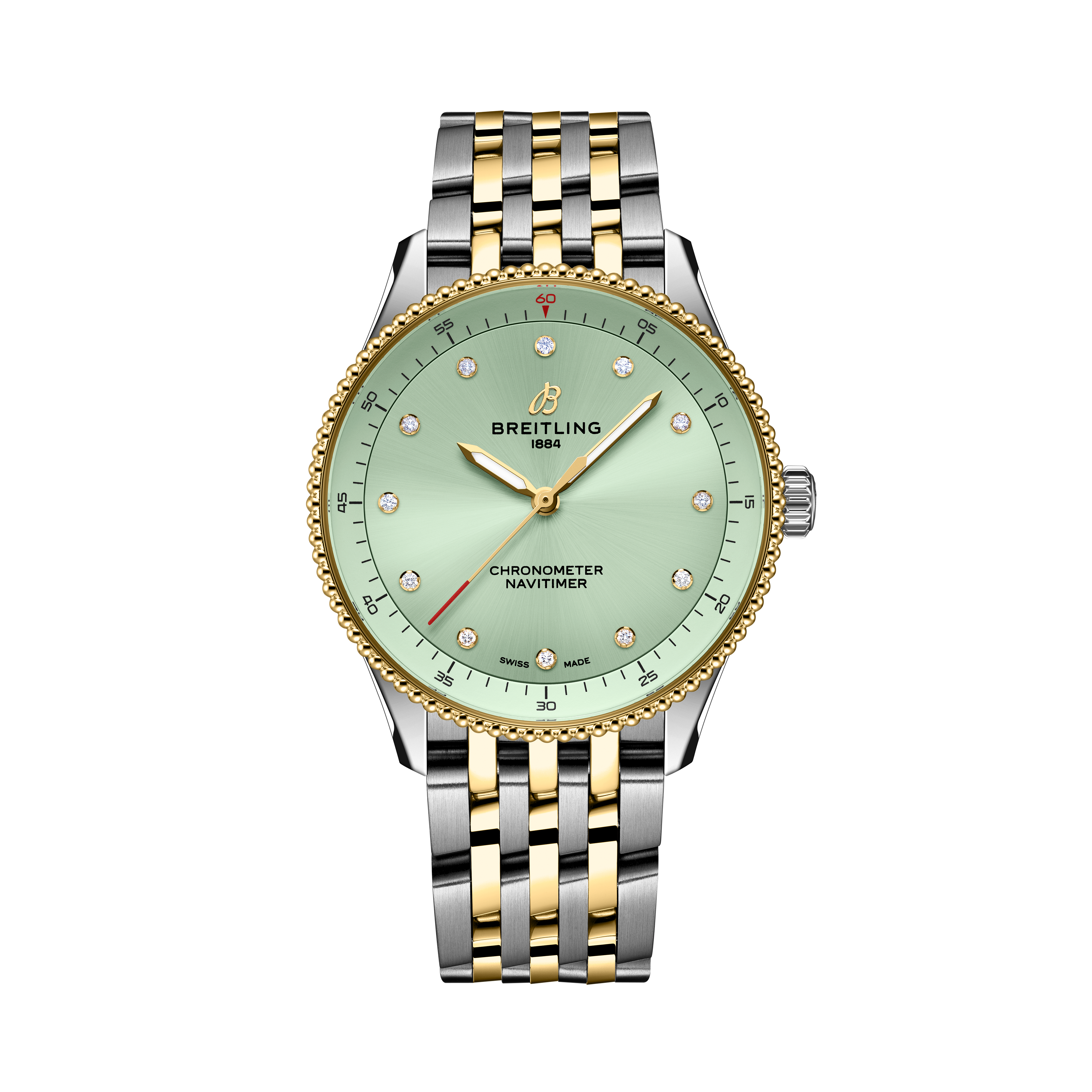 Breitling Navitimer ladies watch with mint green dial, diamond hour markers, two-tone stainless steel and yellow gold bracele