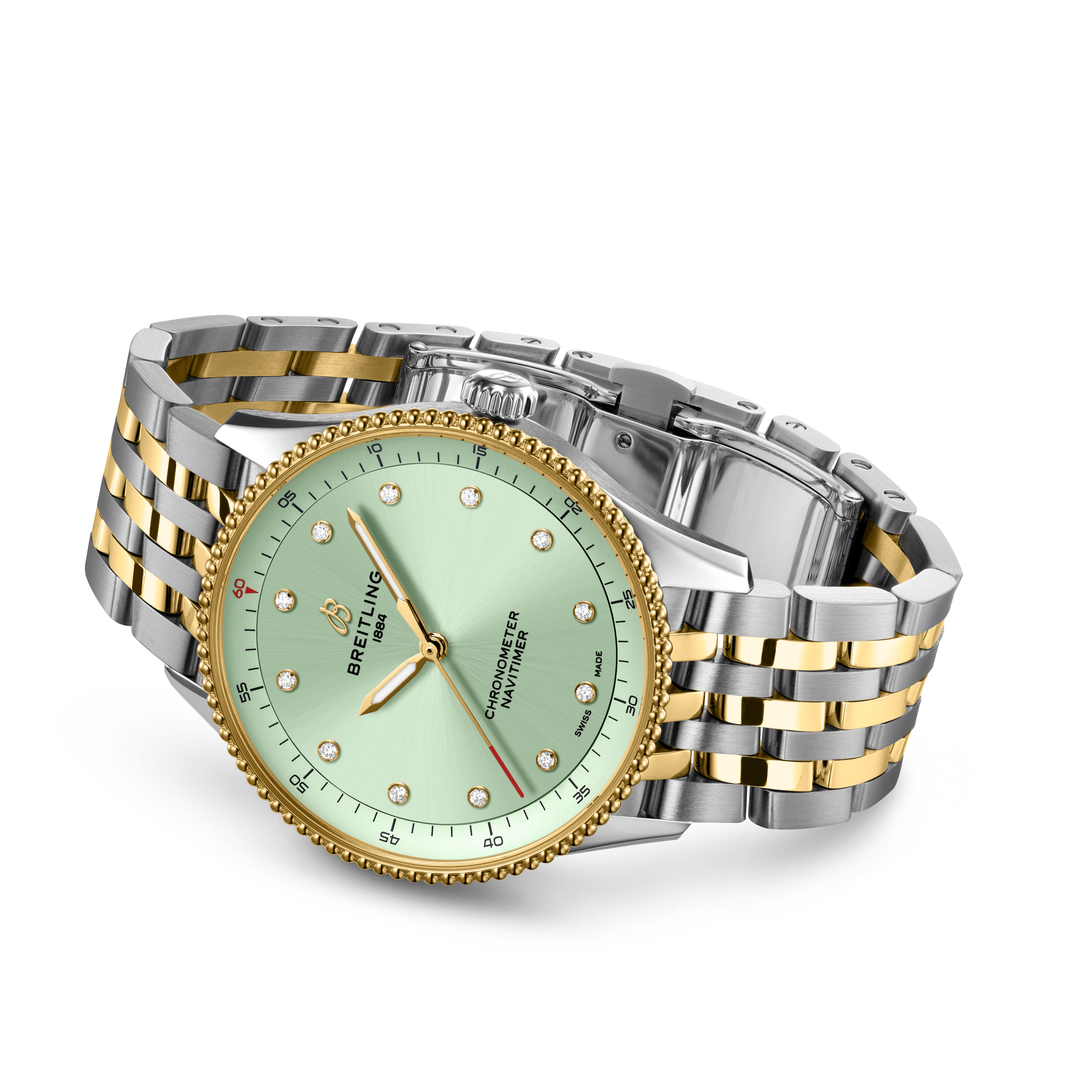 Navitimer ladies watch with mint green dial, gold bezel, stainless steel and yellow gold two-tone bracelet, and diamond hour 