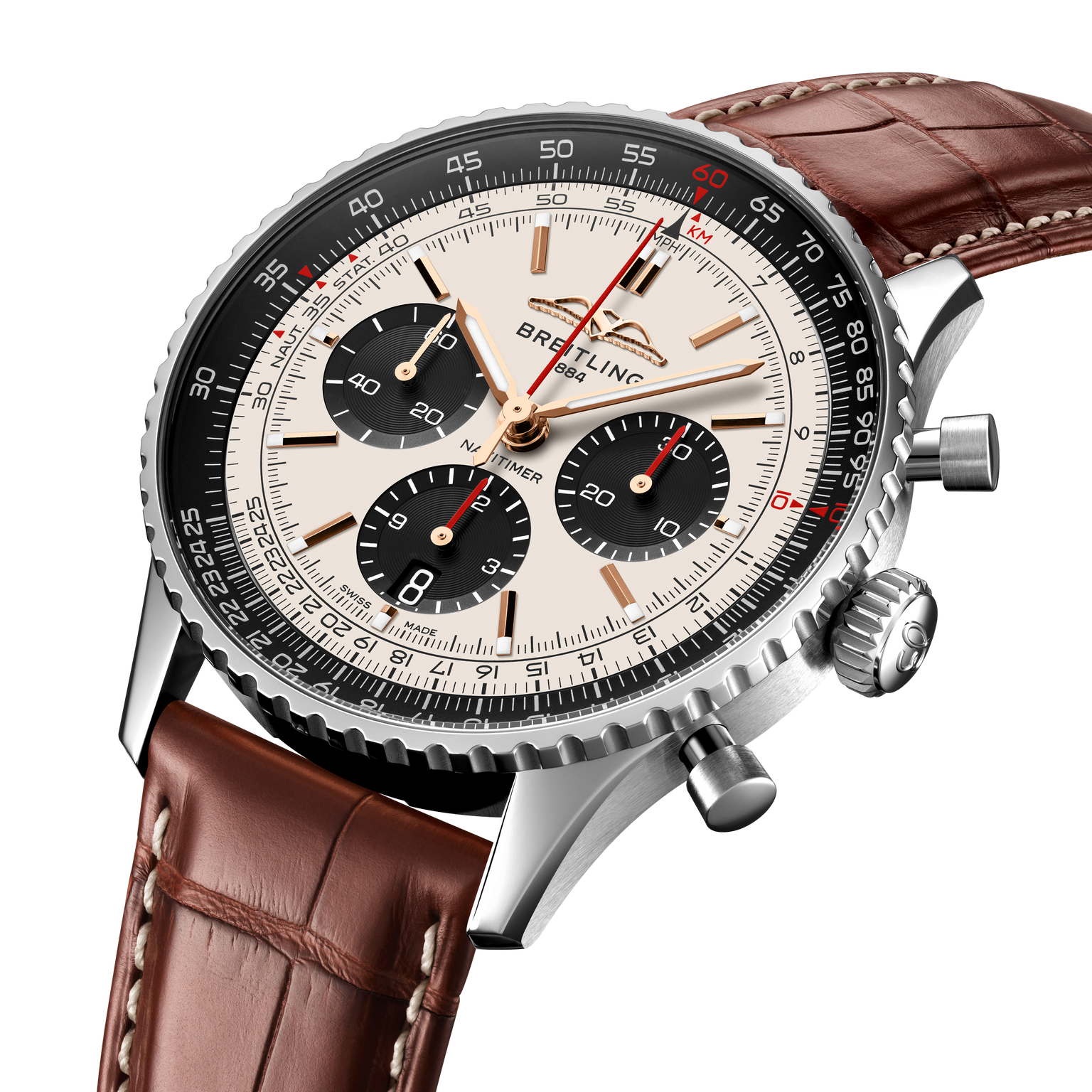 Luxury Breitling watch with brown leather strap on white background