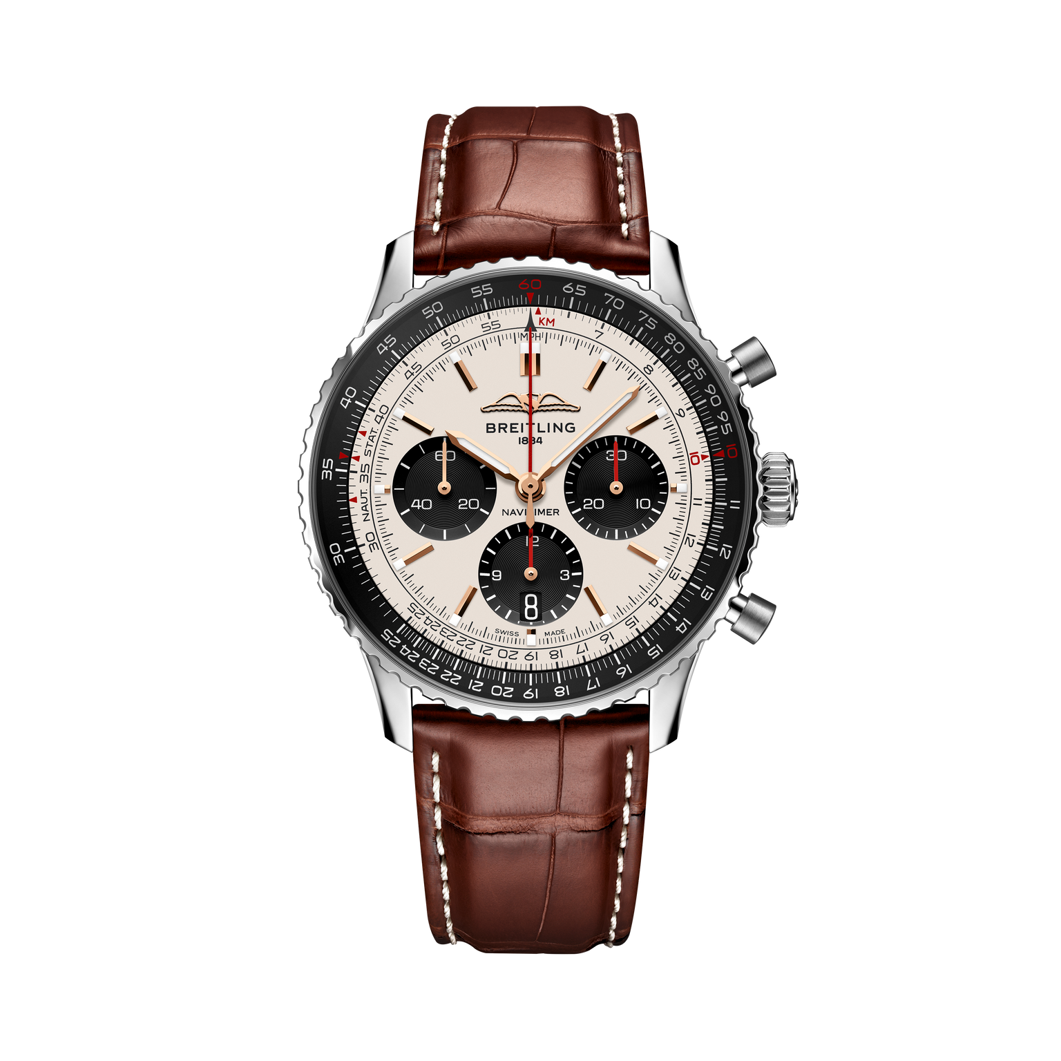 Breitling watch with brown leather strap on a white background