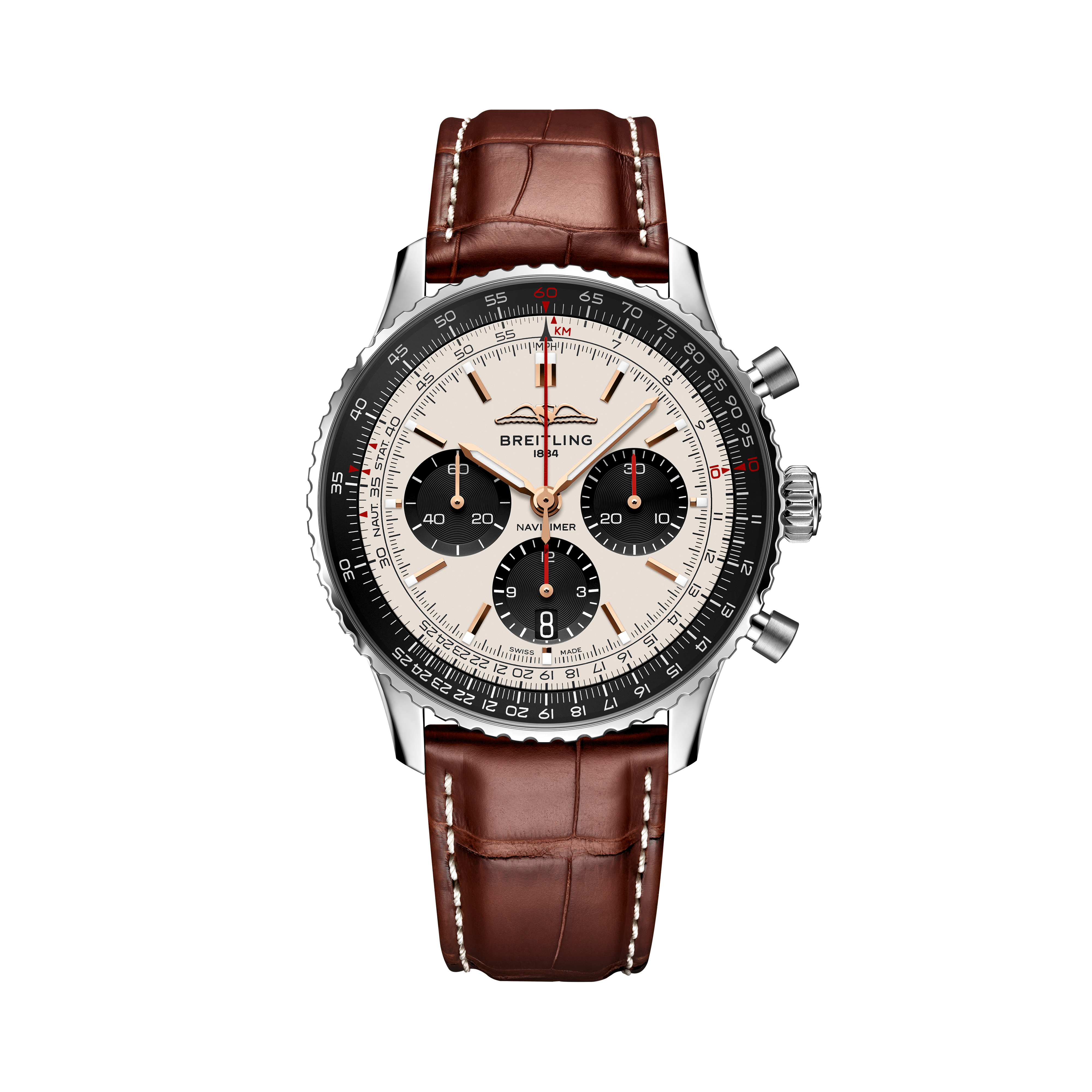 Breitling watch with brown leather strap on a white background