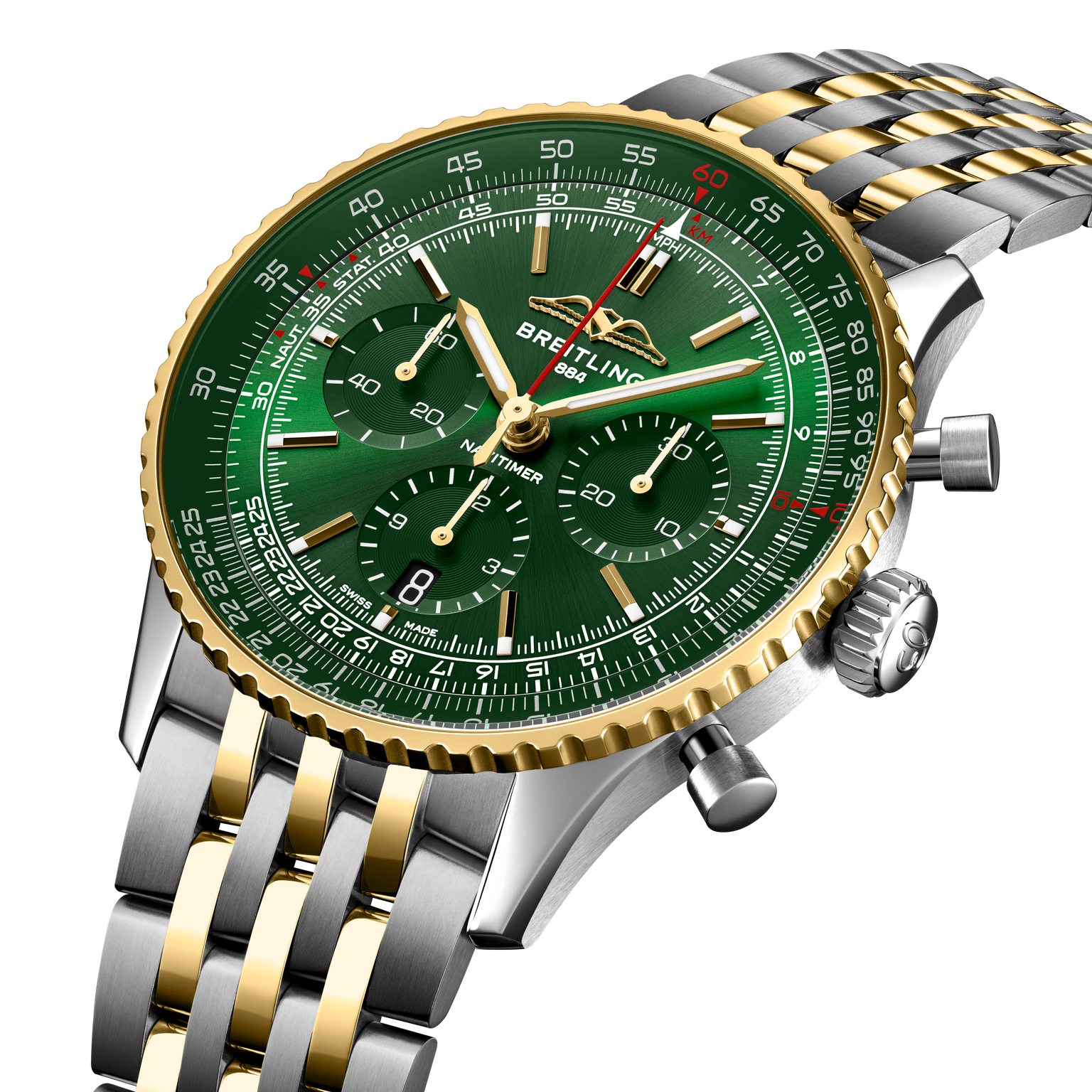 Breitling Navitimer B01 chronograph with green dial, gold and stainless steel bracelet, and rotating bezel.