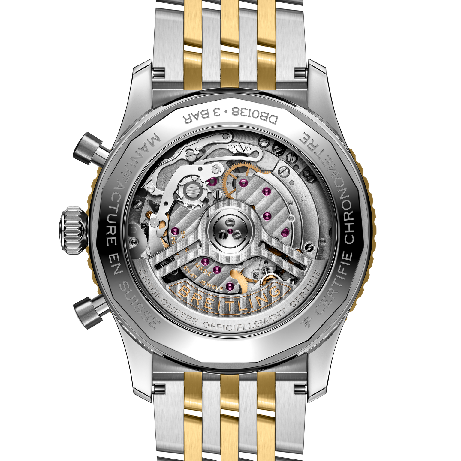 Navitimer B01 chronograph watch with stainless steel and yellow gold two-tone bracelet, visible skeleton movement on caseback