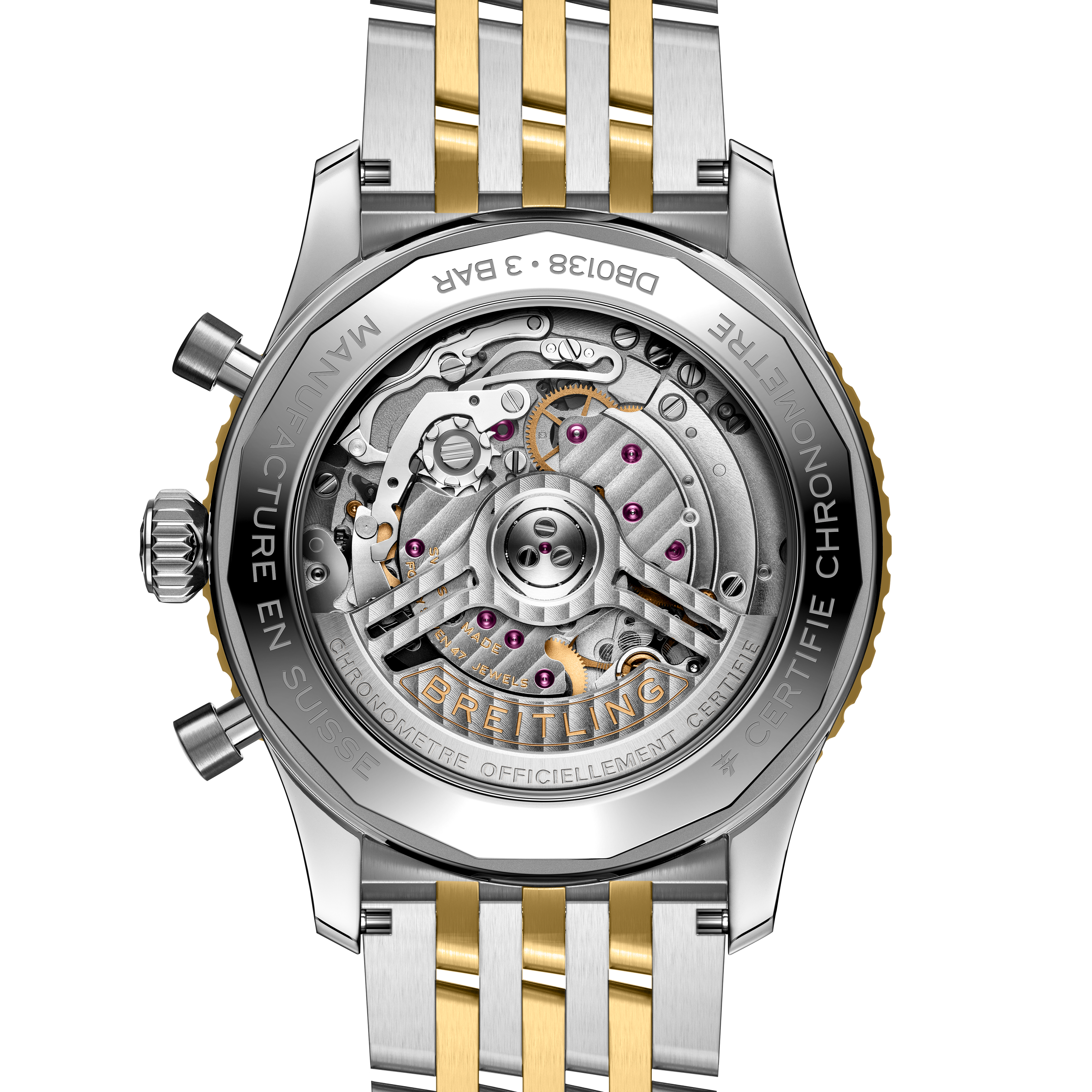 Navitimer B01 chronograph watch with stainless steel and yellow gold two-tone bracelet, visible skeleton movement on caseback