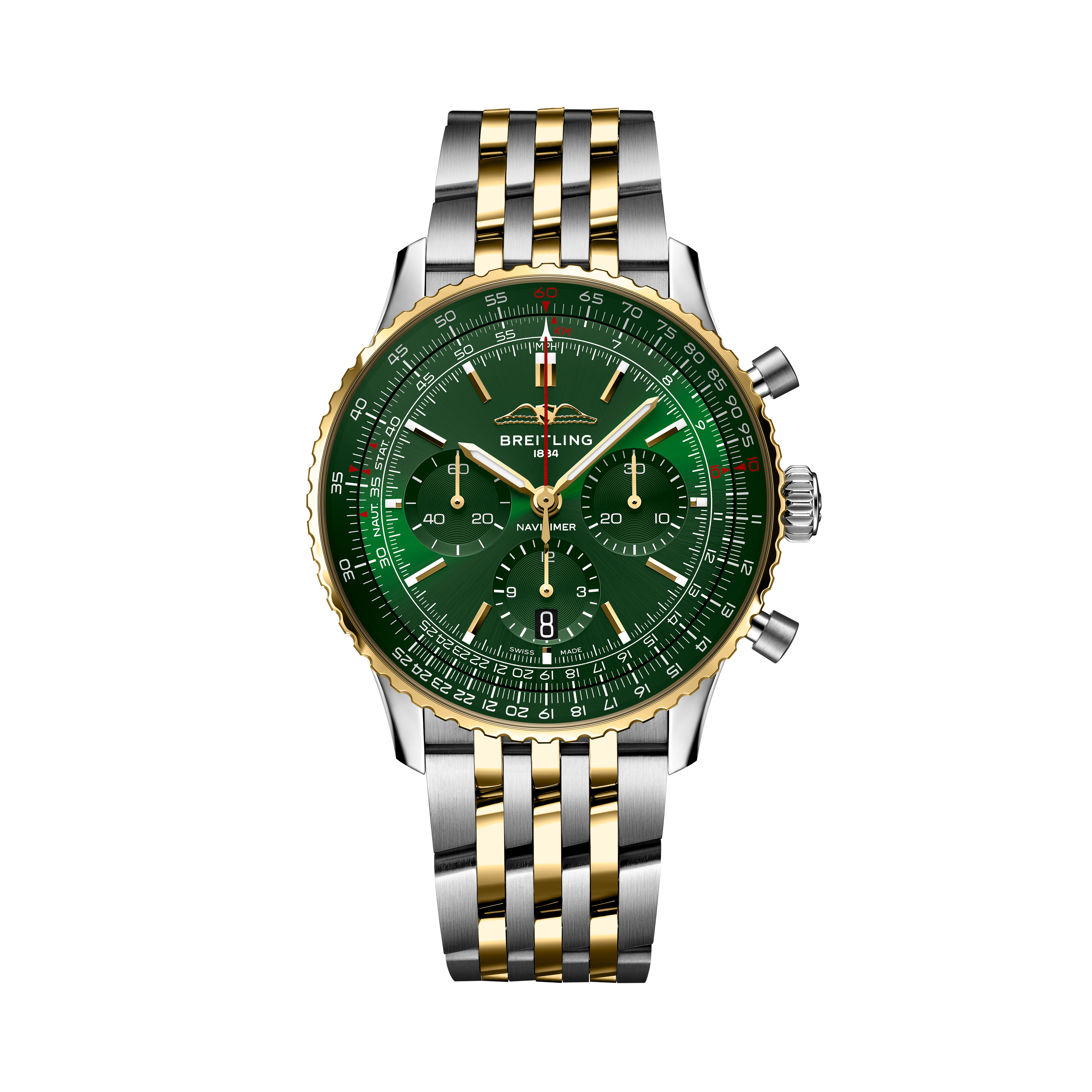 Breitling Navitimer B01 chronograph with green dial, gold bezel, and two-tone stainless steel and yellow gold bracelet.
