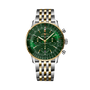 Breitling Navitimer B01 chronograph with green dial, gold bezel, and two-tone stainless steel and yellow gold bracelet.