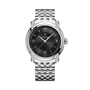 Front face of Breitling Lady Premier 36 with steel strap and black face of watch