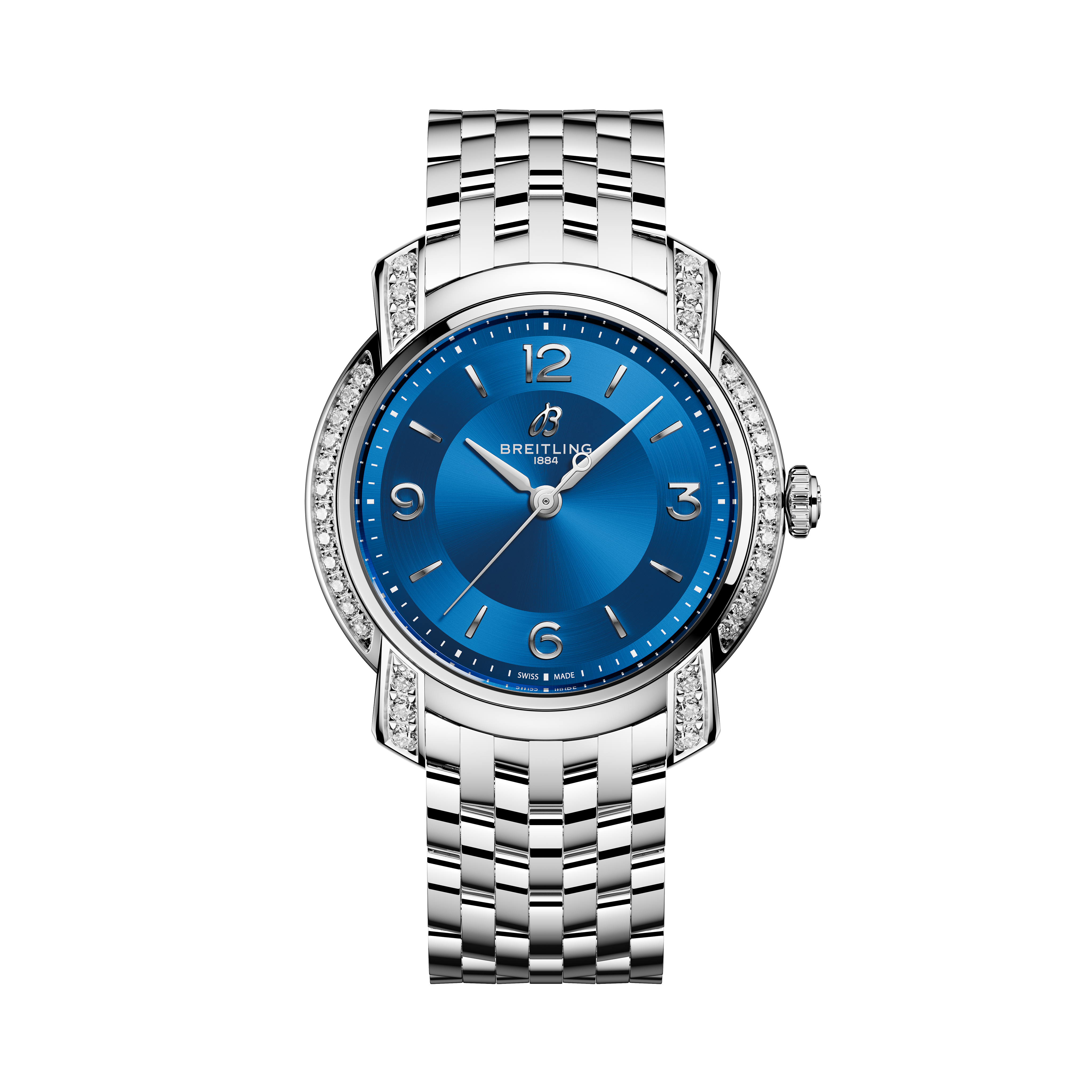 Front face of Breitling Lady Premier 36 with steel strap and blue face