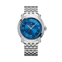 Front face of Breitling Lady Premier 36 with steel strap and blue face