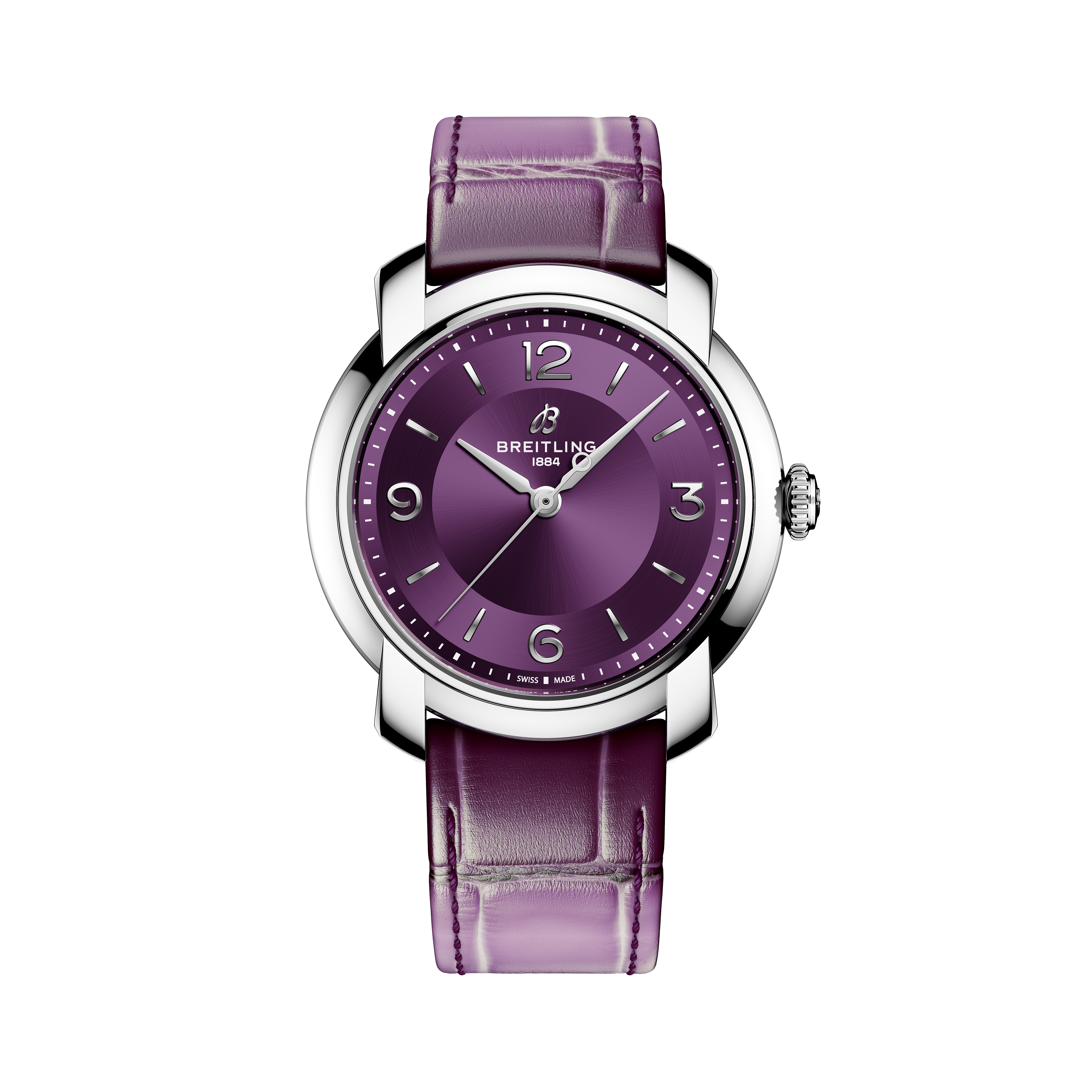 Front face of Breitling Lady Premier 36 with purple strap