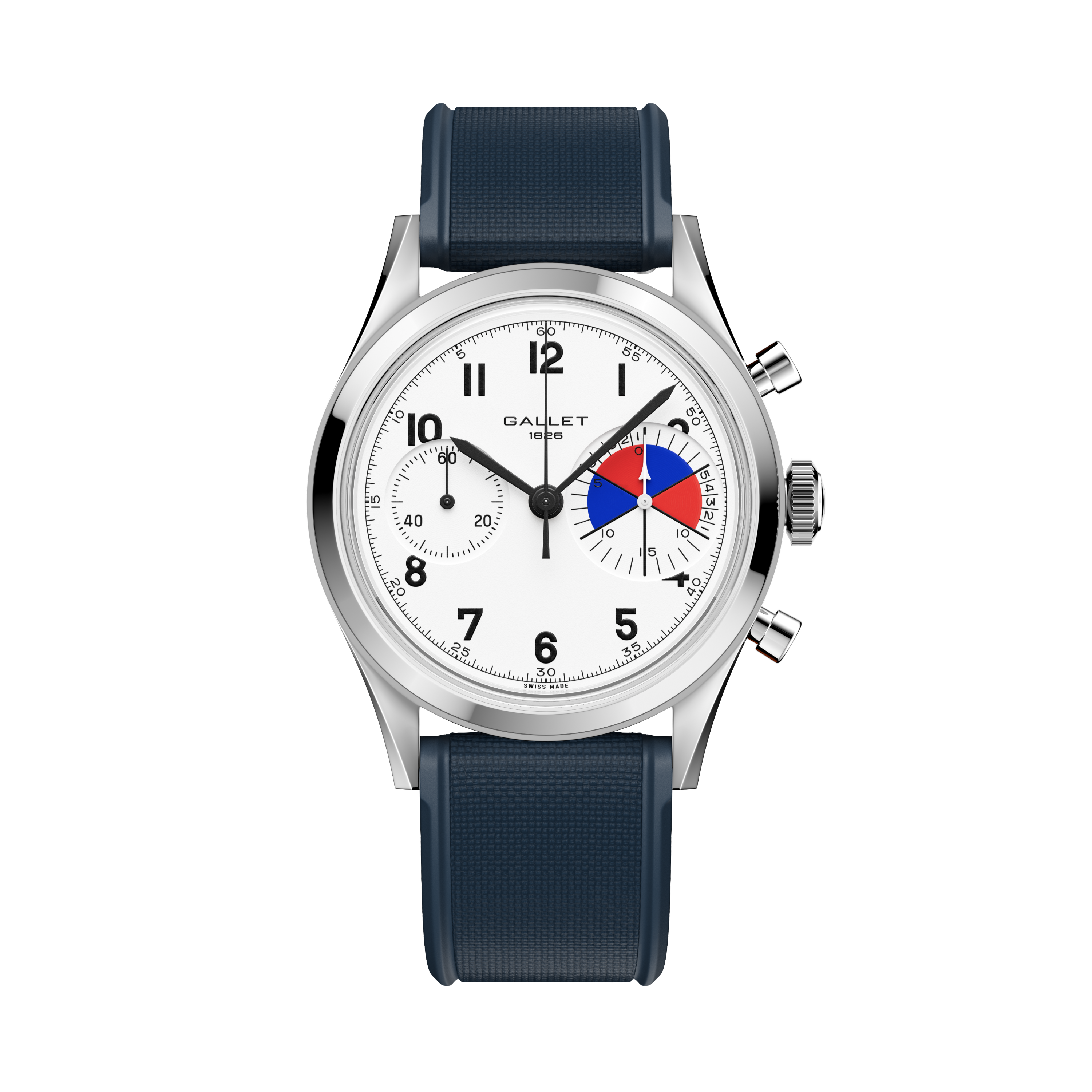 Steel case chronograph watch with white dial, black hands, red and blue subdial, and dark blue rubber strap.