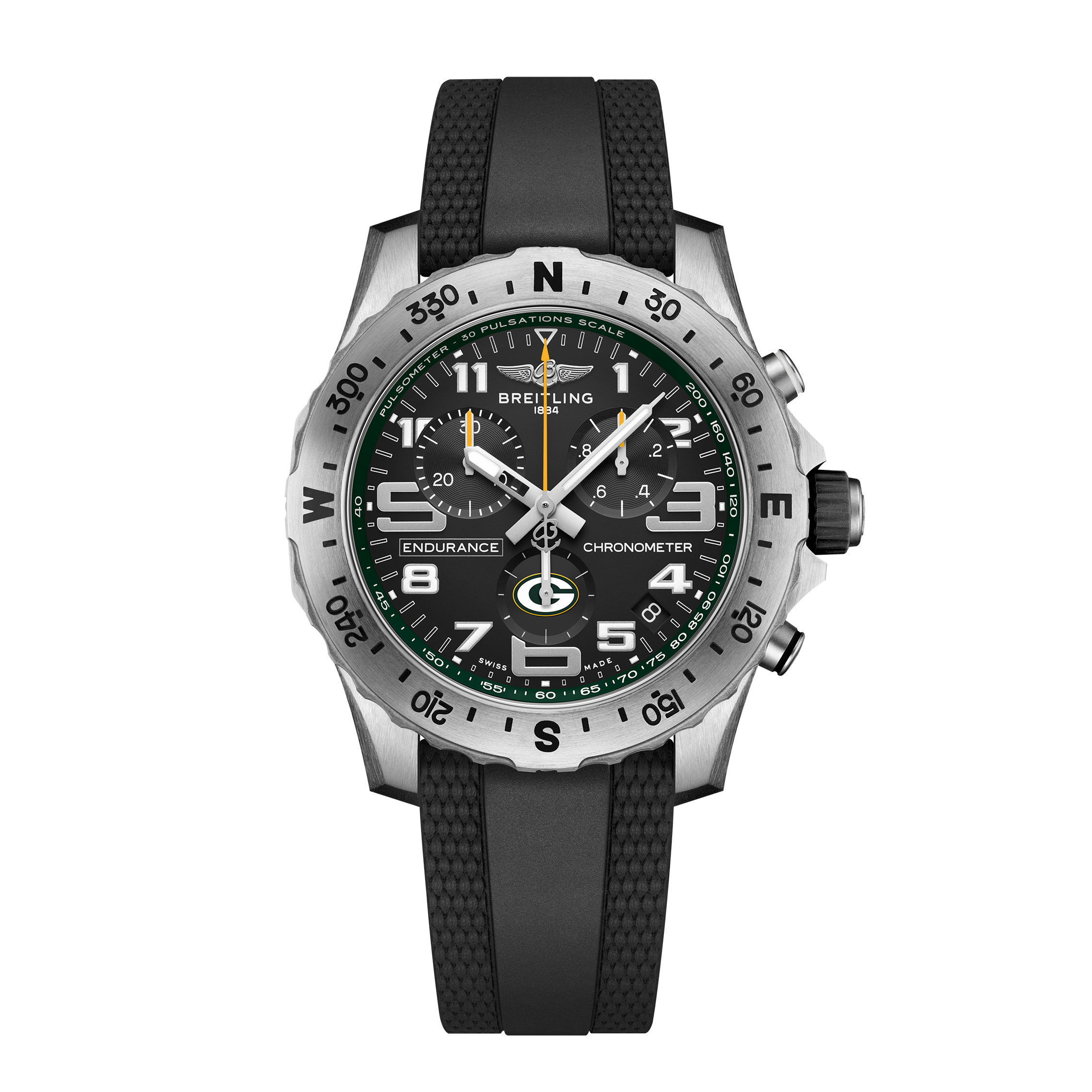 The Breitling Endurance Pro 44 Green Bay Packers Edition features a black strap, black dial, silver compass bezel, three subdials, and bold white numerals—a perfect sporty watch for devoted Packers fans.