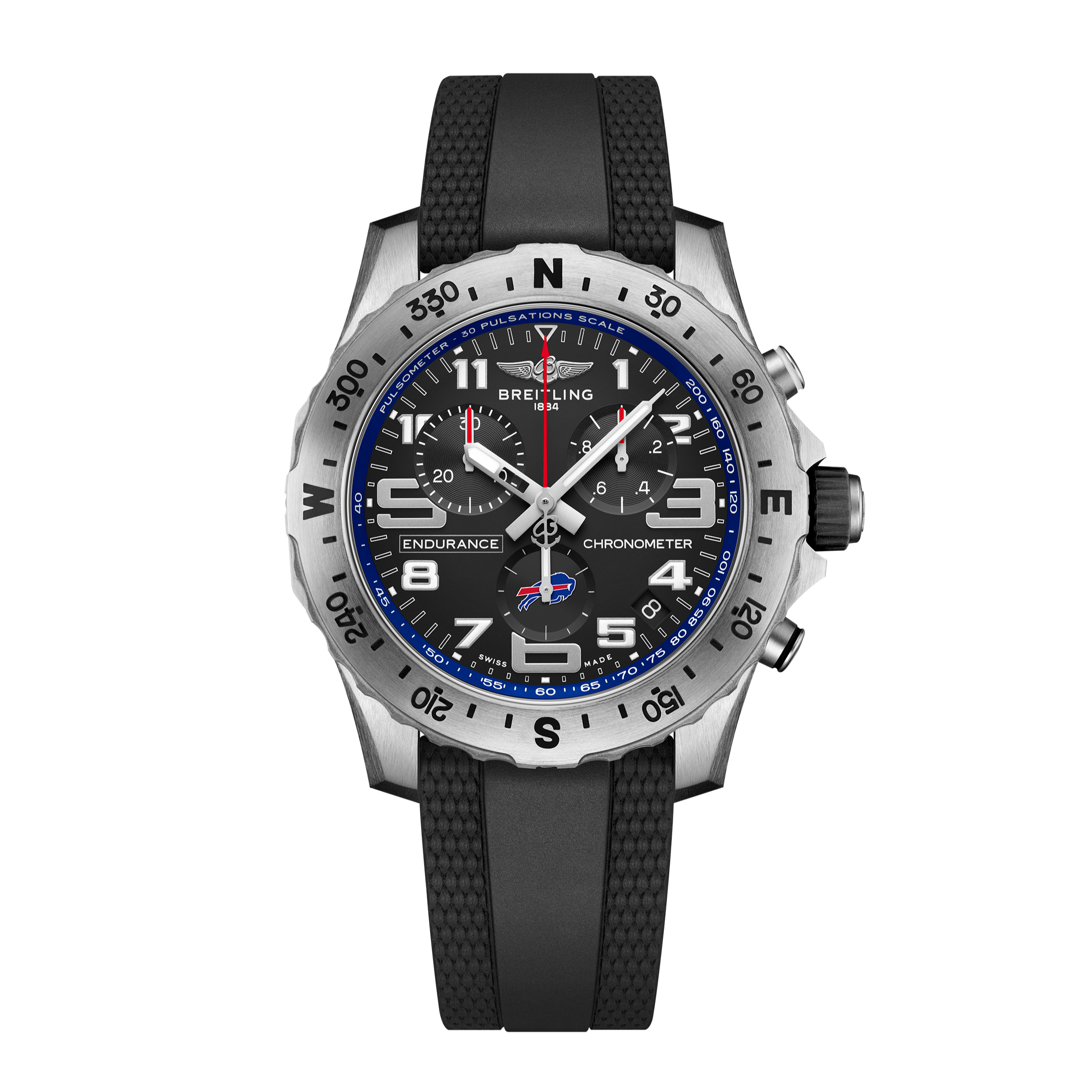 The Breitling Endurance Pro 44 Buffalo Bills Edition NFL watch features a black dial, silver degree-marked bezel, black rubber strap, white numerals, blue Buffalo Bills accents, and three subdials.