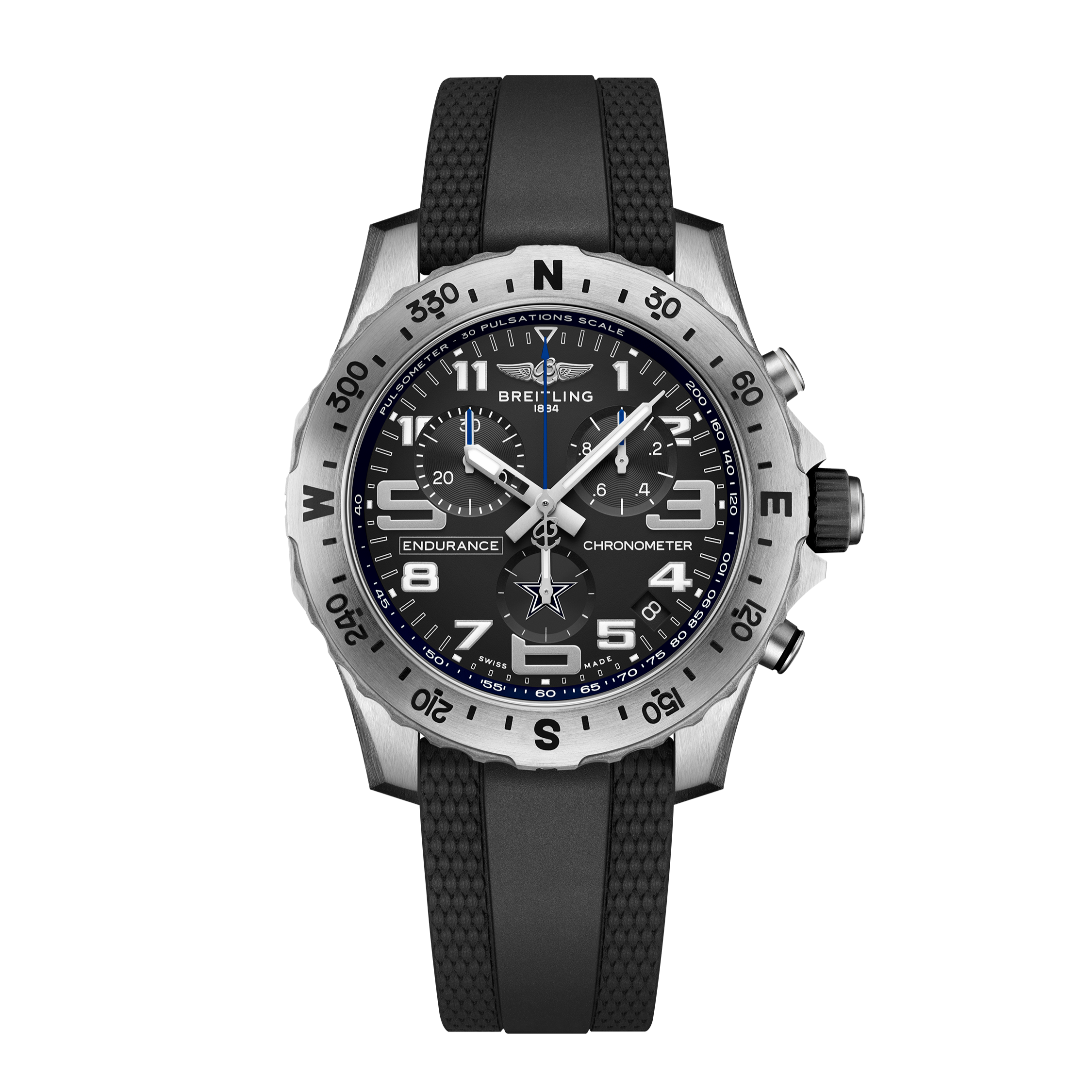 The Breitling Endurance Pro 44 Dallas Cowboys Edition features a black dial with bold white numerals, multiple sub-dials, a compass bezel, and a textured black rubber strap—perfect for Dallas Cowboys fans.