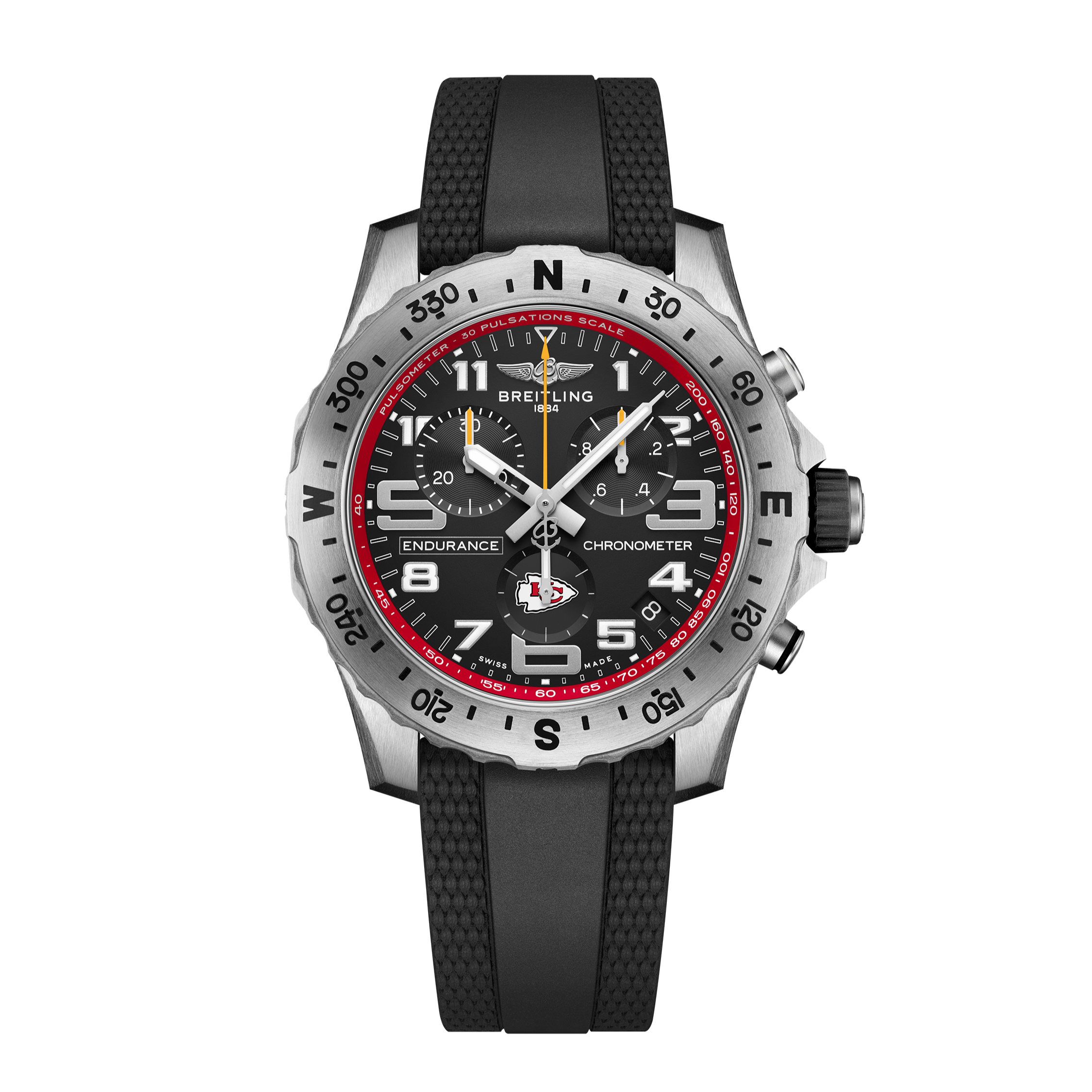 The Breitling Endurance Pro 44 Kansas City Chiefs Edition features a black chronograph dial with red accents, Arabic numerals, three subdials, a stainless steel bezel, and a black textured rubber strap, shown on a white background.