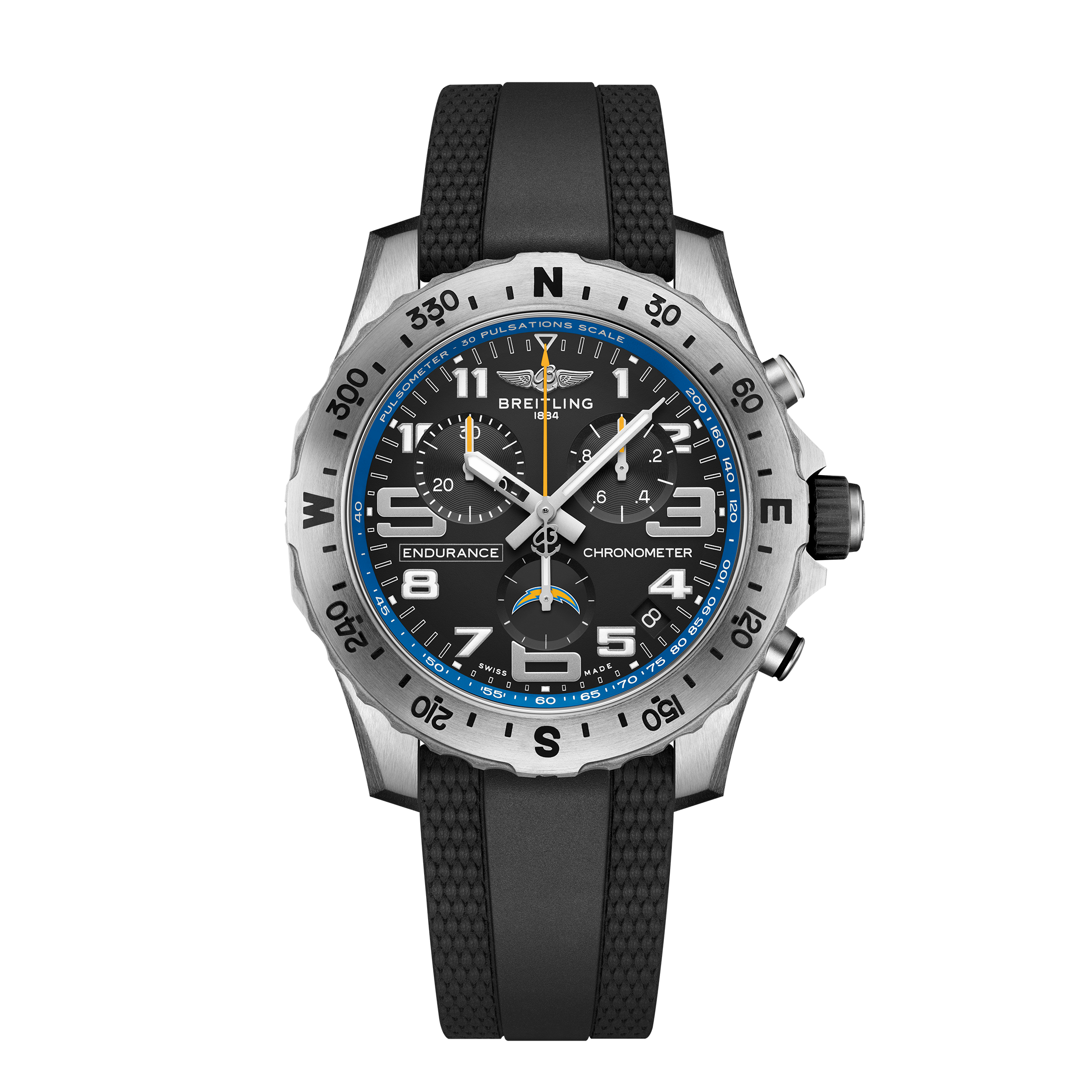 The Breitling Endurance Pro 44 Los Angeles Chargers Edition features a black dial with white numerals, blue accents, a black rubber strap, and a stainless steel case with compass bezel markings.