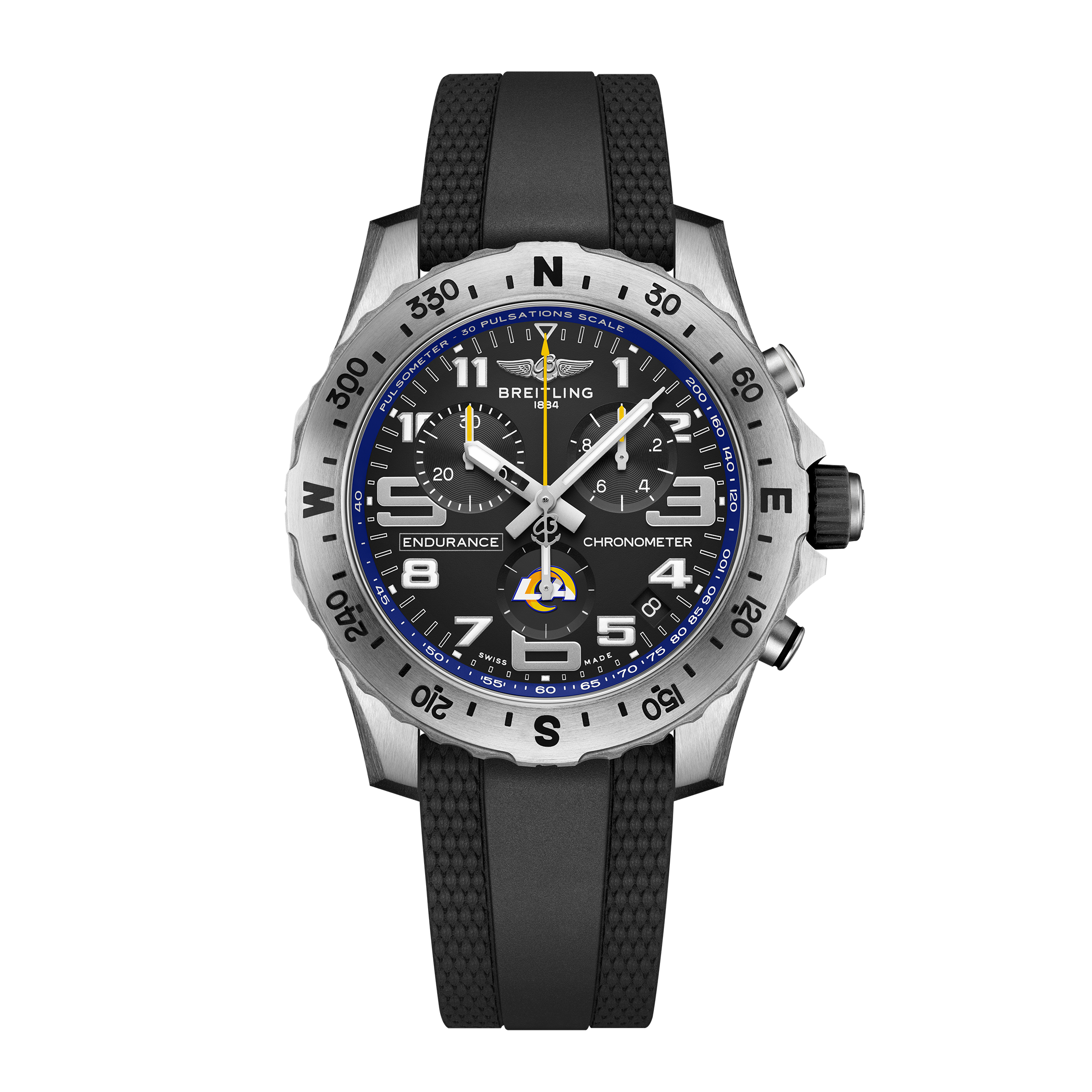 The Breitling Endurance Pro 44 Los Angeles Rams Edition features a black dial, white numerals, silver bezel, black textured rubber strap, blue accents inspired by the Rams, and sporty multi-function subdials.