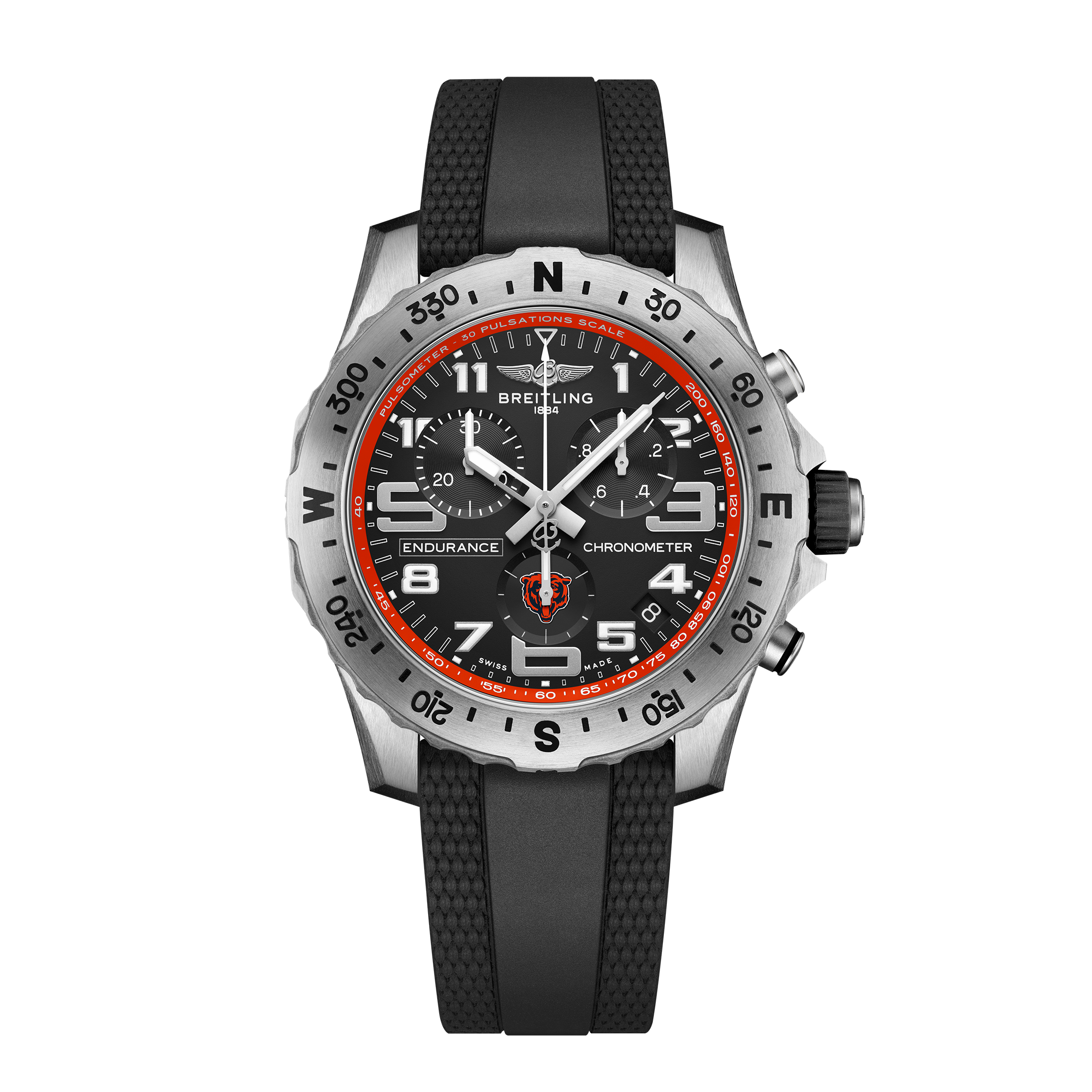 The Breitling Endurance Pro 44 Chicago Bears Edition features a black dial with white numerals, three subdials, an orange accent ring, a silver compass bezel, and a black textured rubber strap—ideal for Chicago Bears fans.