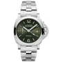 The Panerai Luminor Quaranta BiTempo is a silver wristwatch with a green dial, silver hour markers, date display at 3 o’clock, stainless steel bracelet, and automatic P.900/GMT movement with an impressive power reserve.