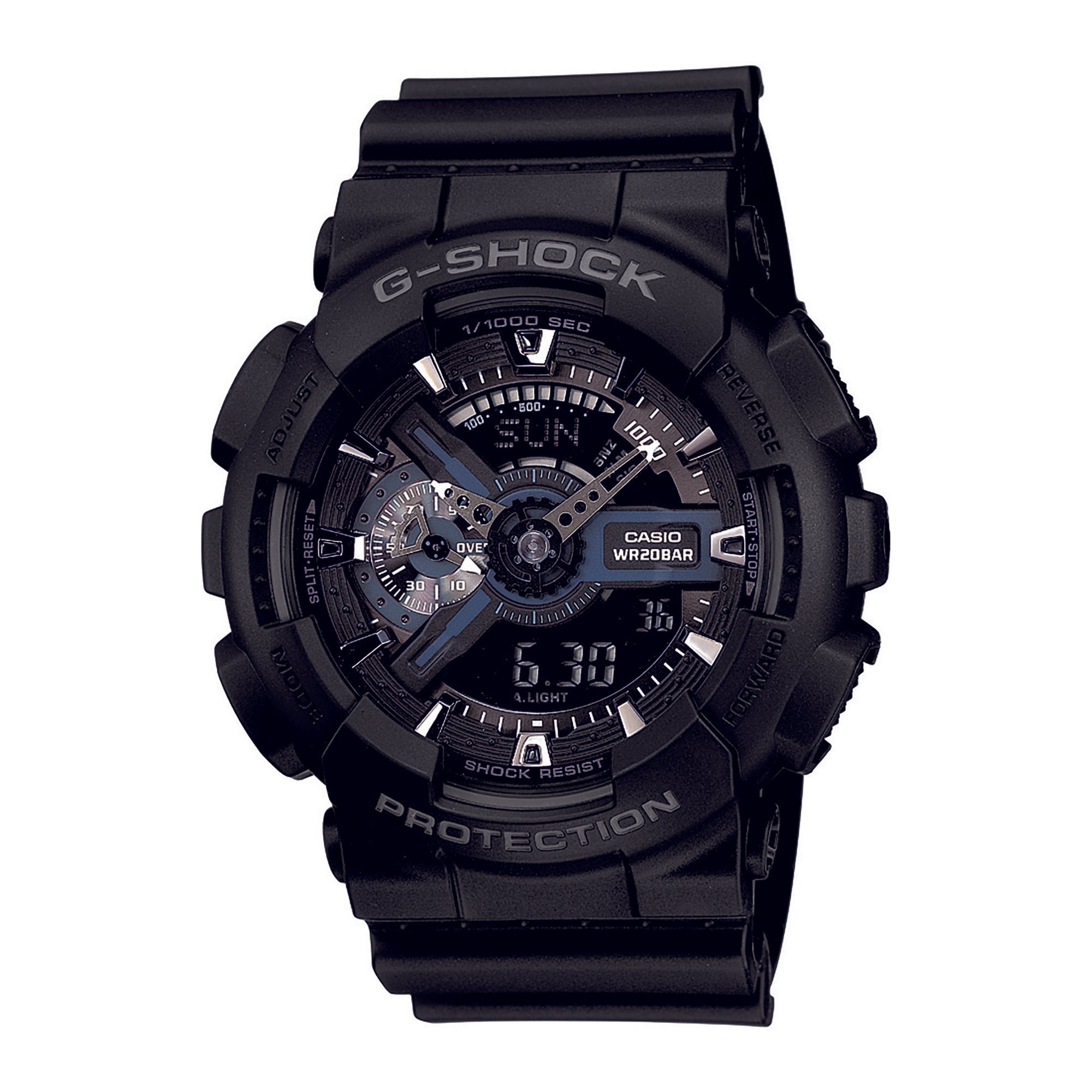 Black G-Shock GA-110 analog-digital watch with resin band and case, featuring dual time display and shock-resistant design.