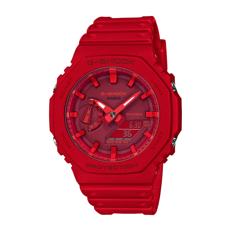 Red G-Shock digital analog watch with red resin band and square face displaying time and date.