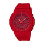 Red G-Shock digital analog watch with red resin band and square face displaying time and date.