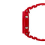 Red resin digital watch with square case, metal buttons, and textured band shown from side view.