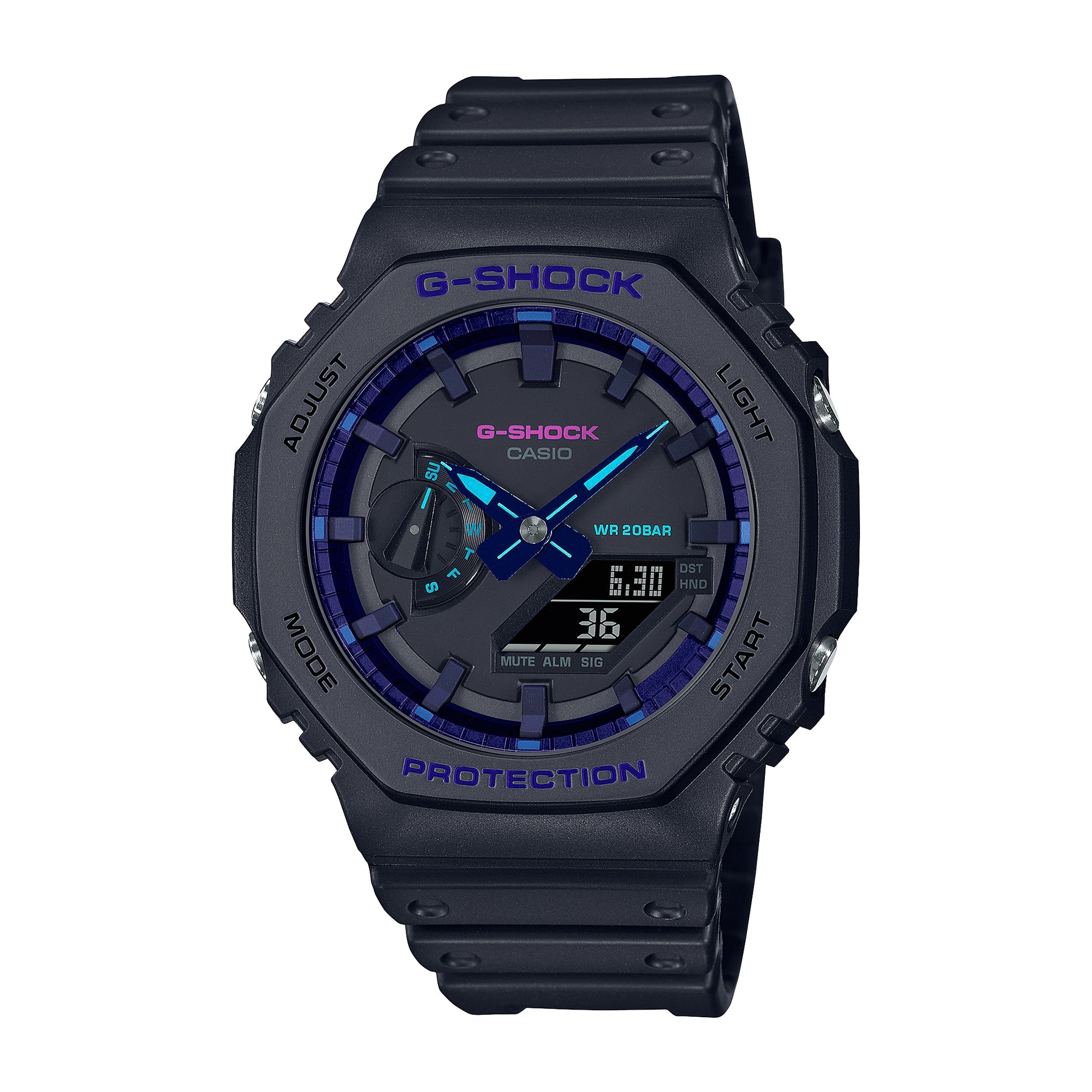 Black G-Shock resin watch with blue accents, digital and analog display, water resistant to 200 bar.