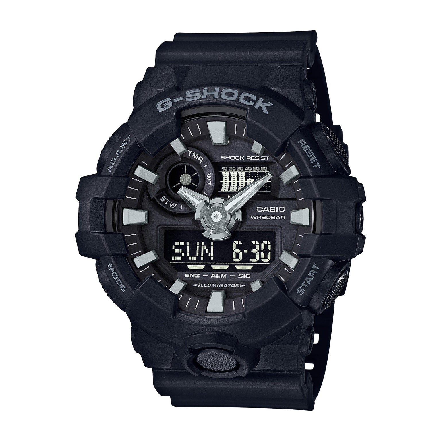 Black G-Shock analog-digital watch with white hour markers, digital display showing time and date, and black resin band.