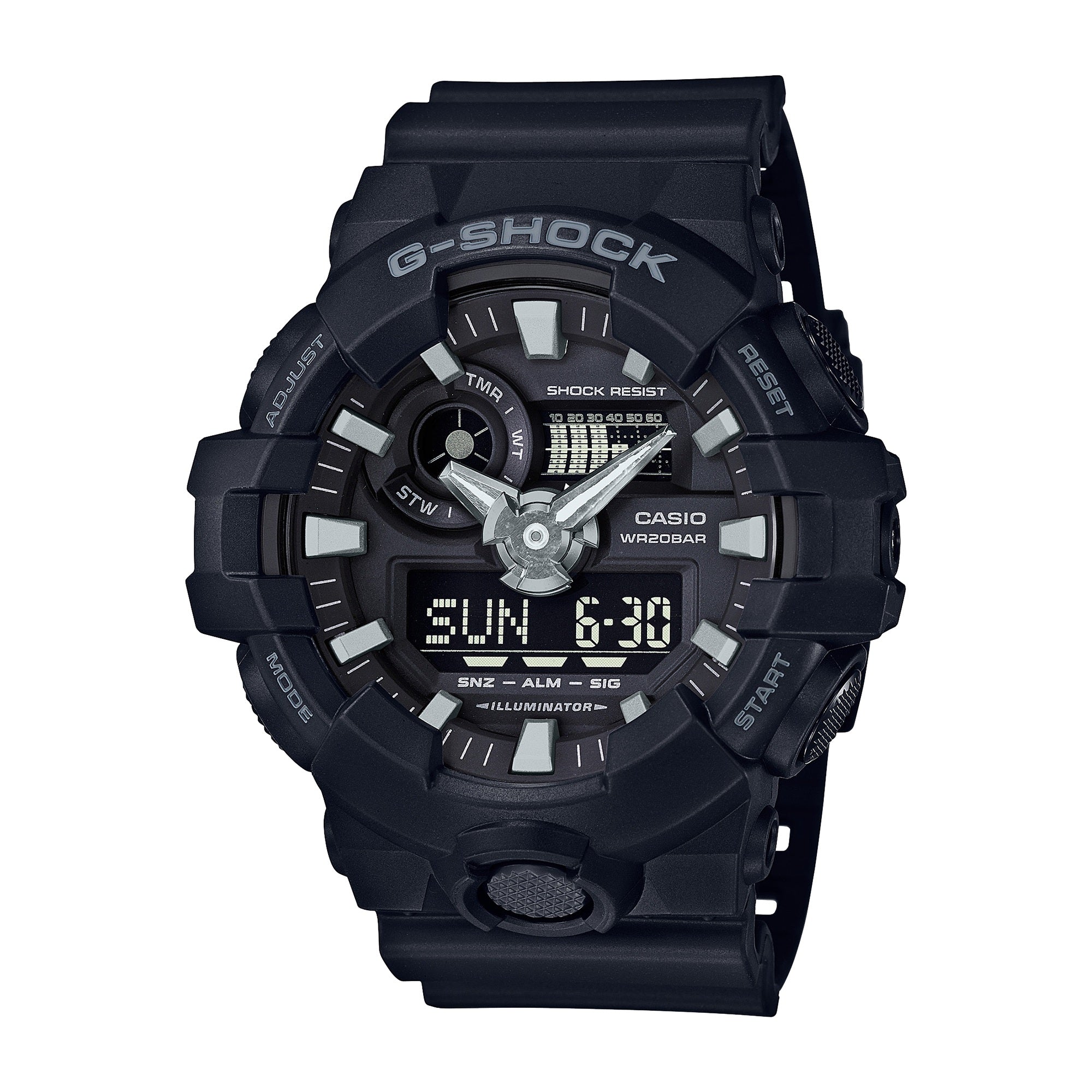 Black G-Shock analog-digital watch with white hour markers, digital display showing time and date, and black resin band.